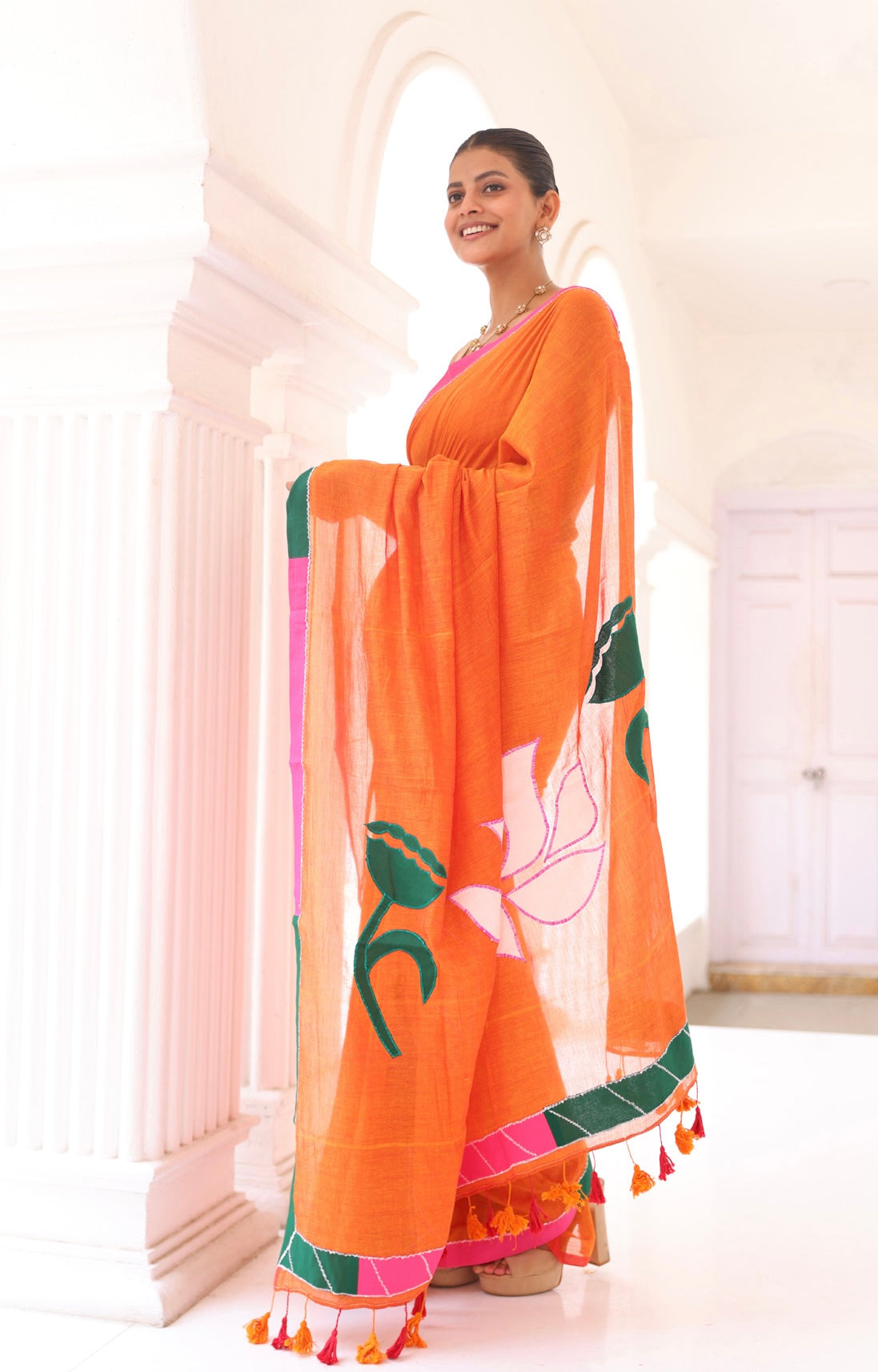 Orange embroidery Pure Mulmul Cotton Saree