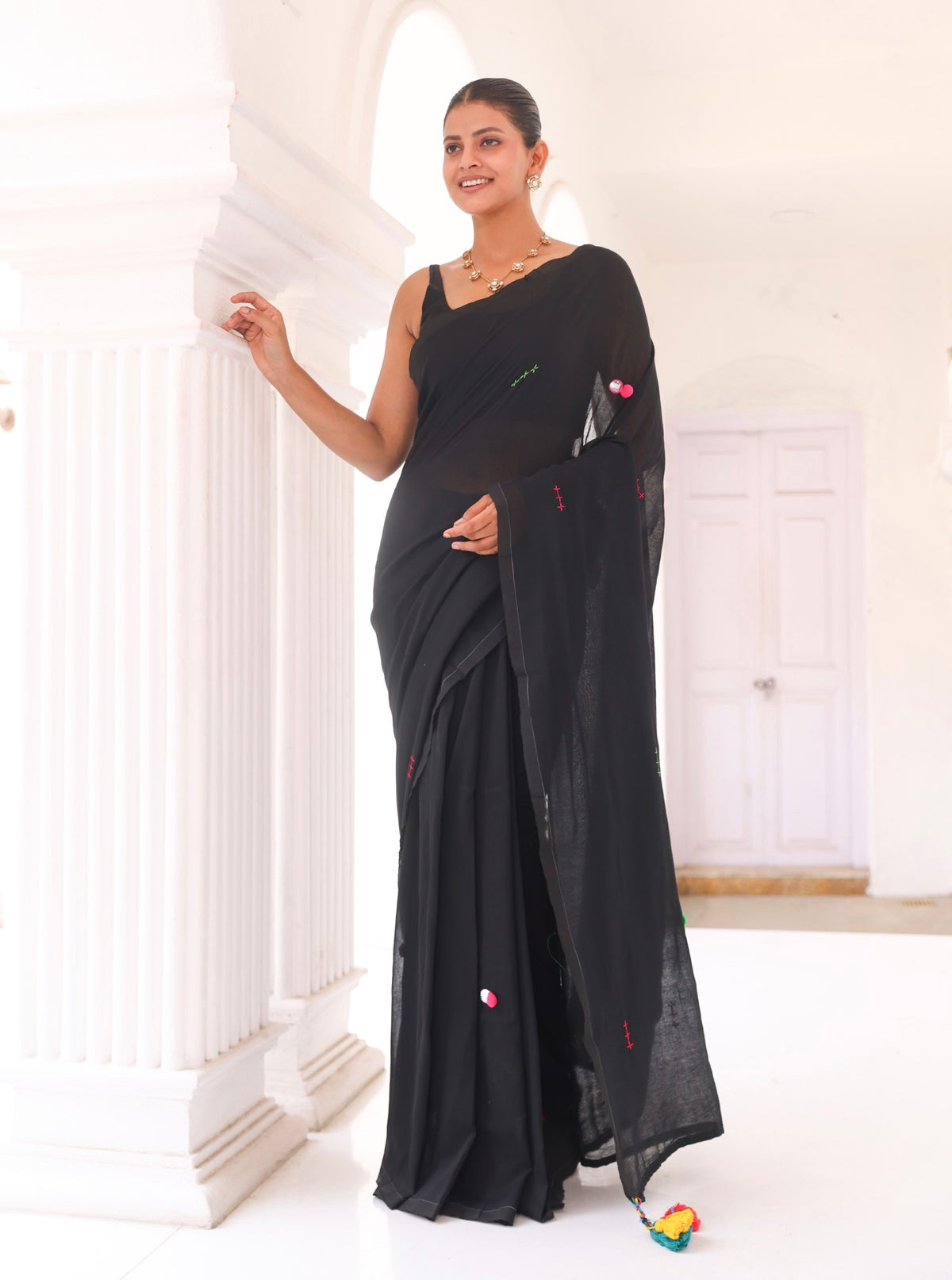 Black mul Cotton Mirror Work Weaving Pompom Saree-Black