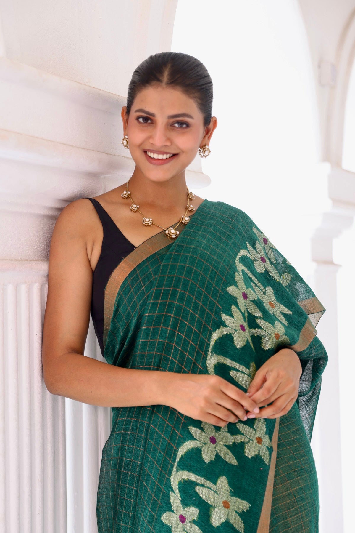 Forest Green floral golden zari check Linen Saree with blouse piece