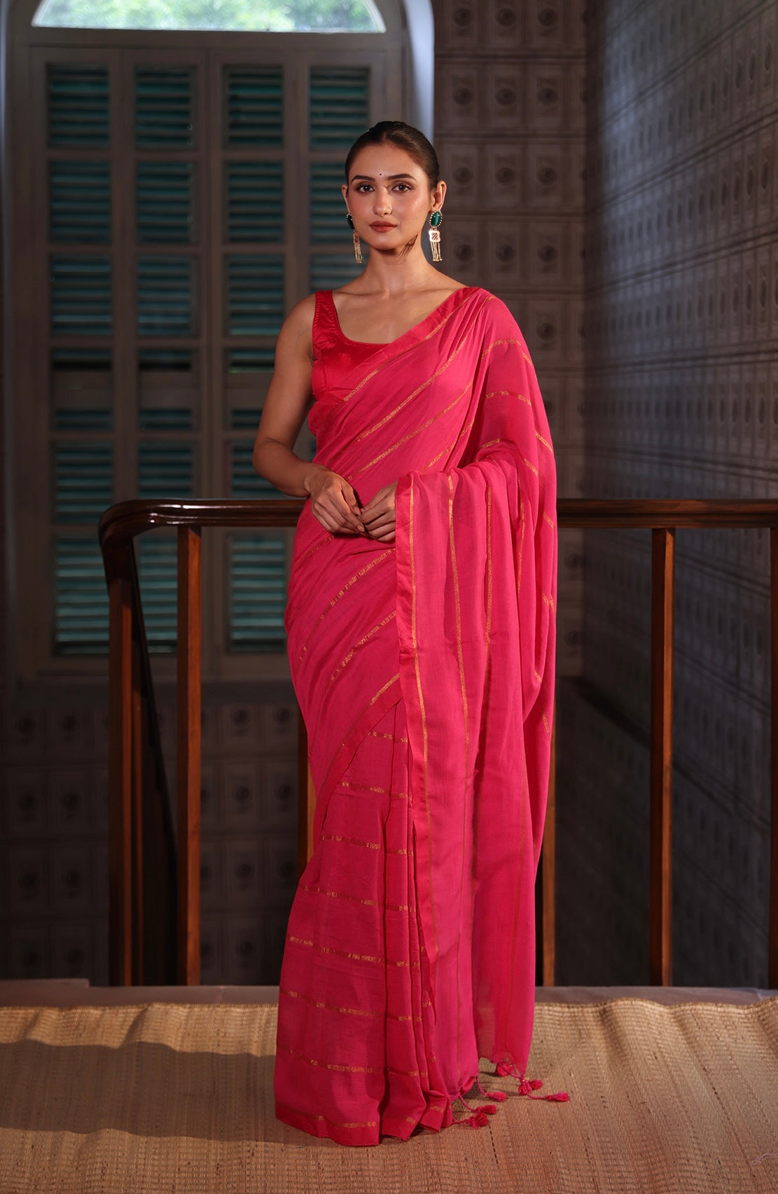 Rani golden stripes soft cotton saree with blouse piece
