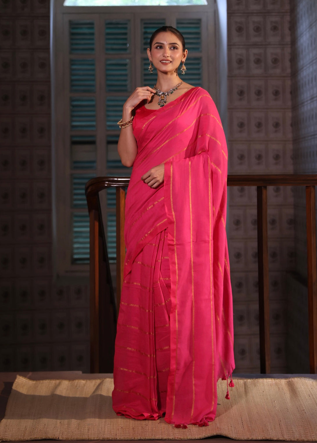 Rani golden stripes soft cotton saree with blouse piece
