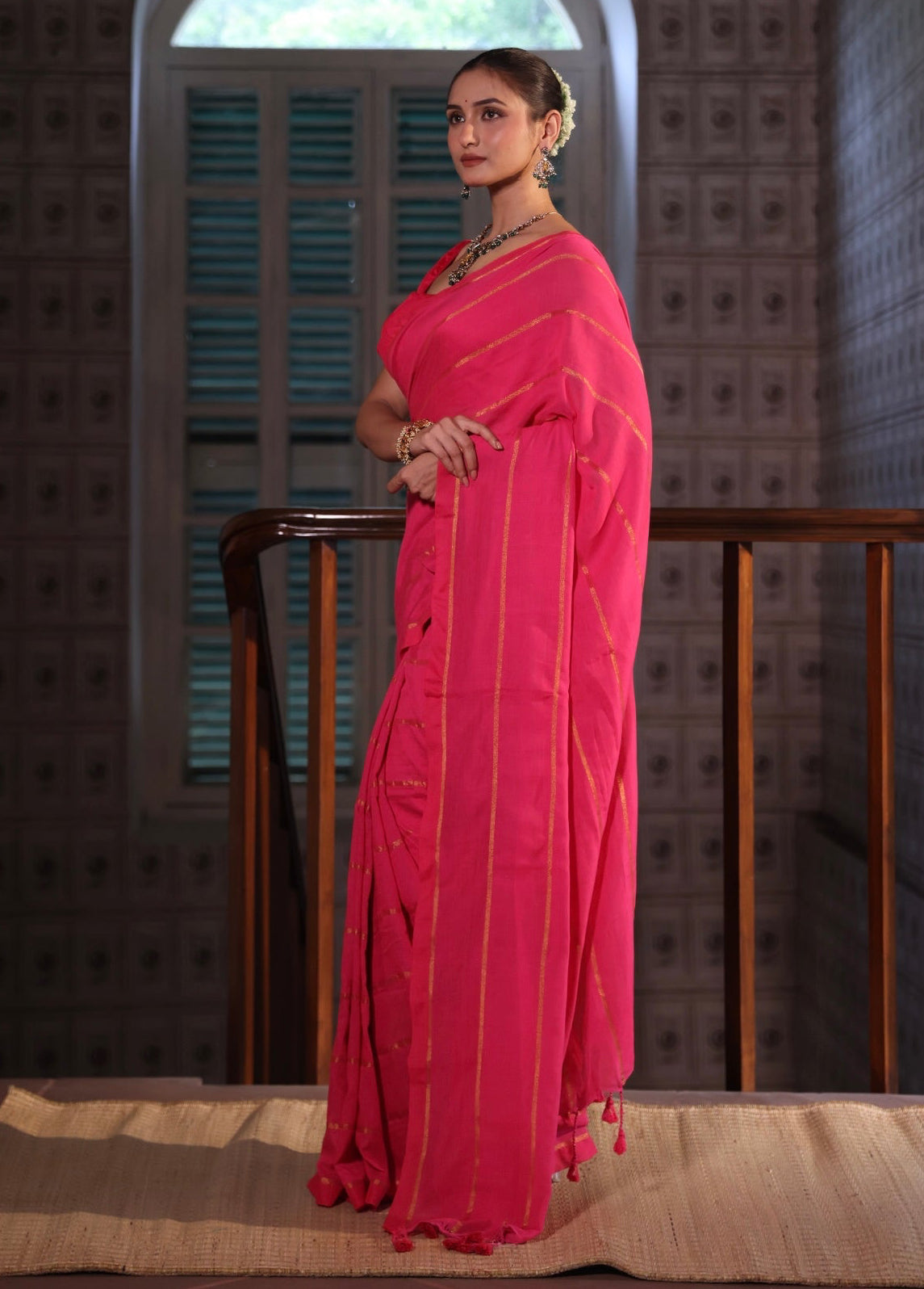Rani golden stripes soft cotton saree with blouse piece