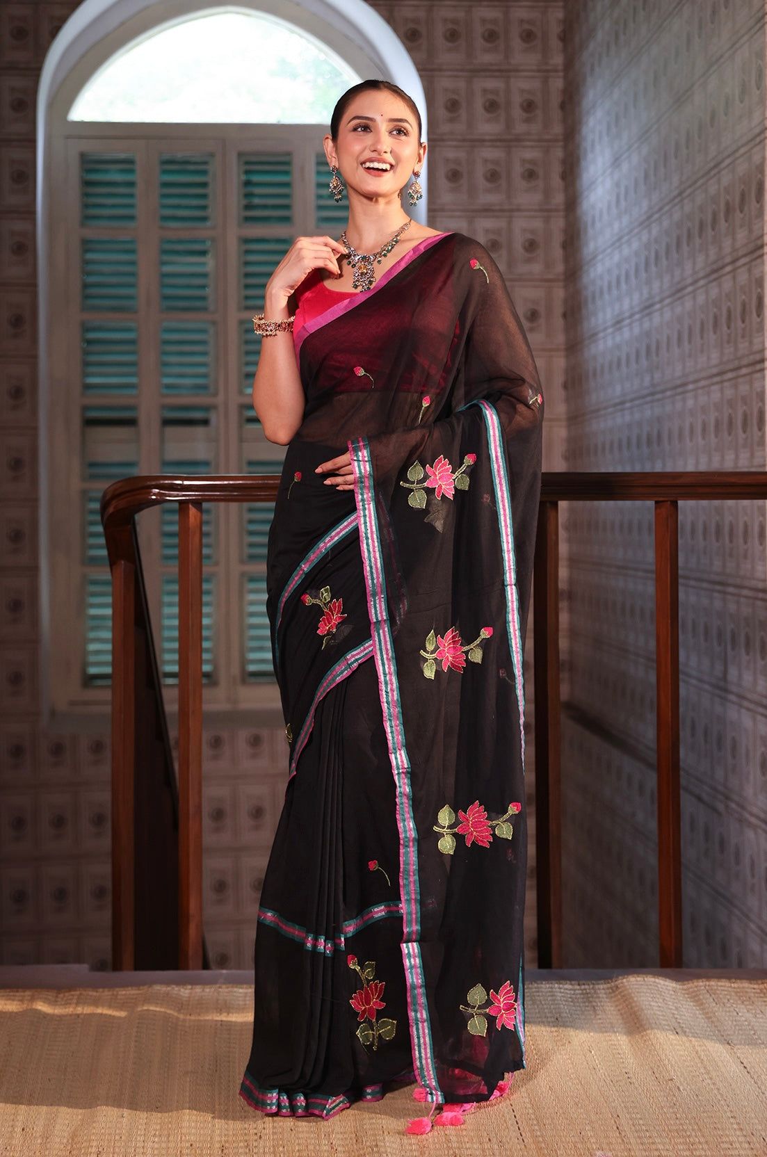 Black lotus embroidery mulmul cotton saree with blouse piece