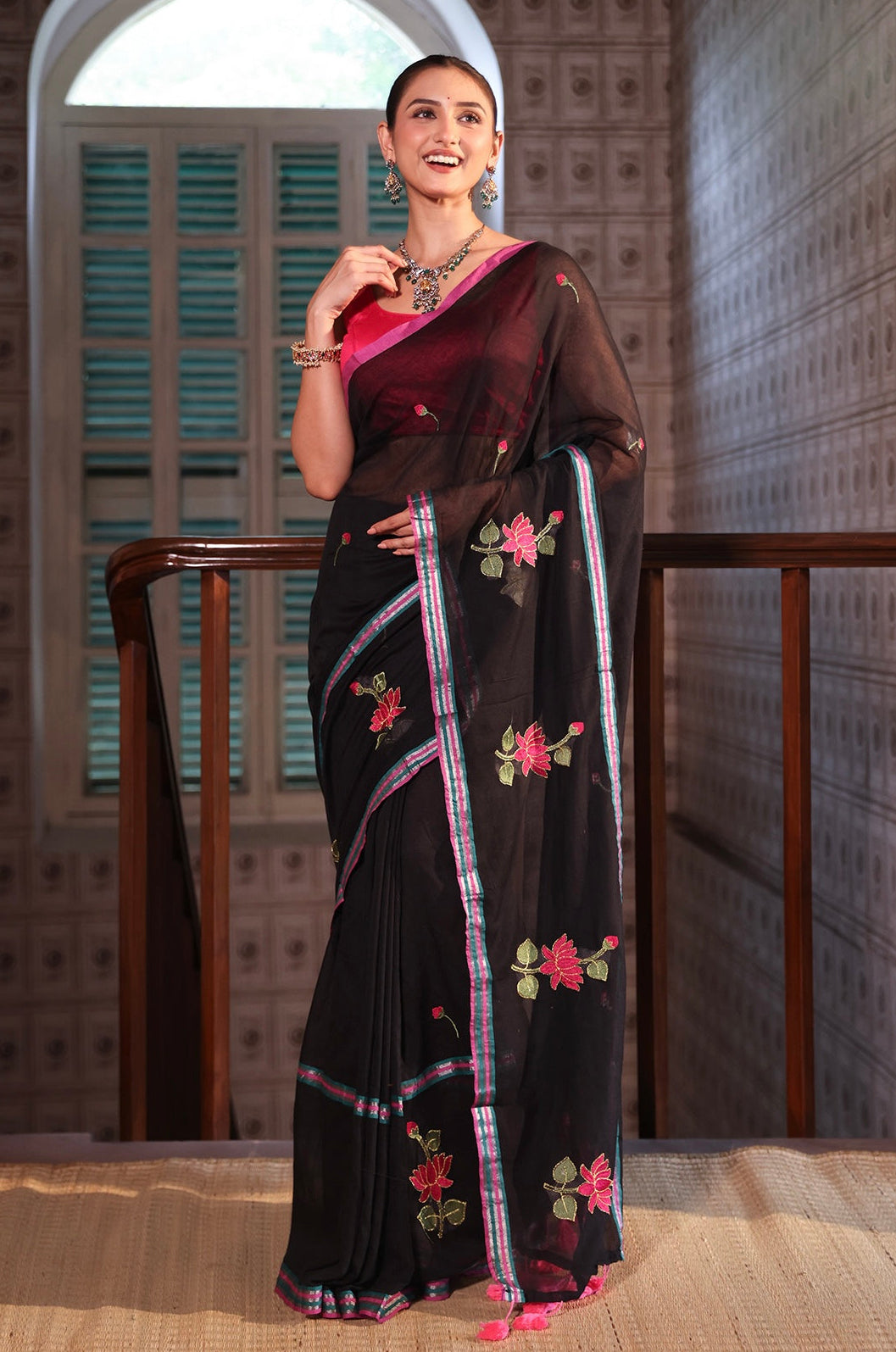 Black lotus embroidery mulmul cotton saree with blouse piece