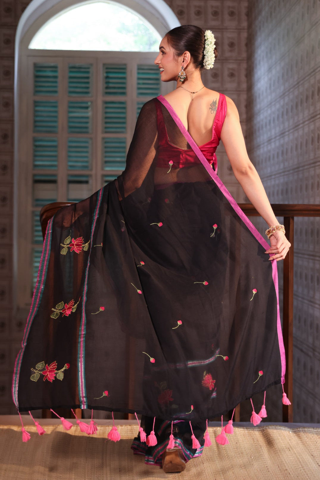 Black lotus embroidery mulmul cotton saree with blouse piece