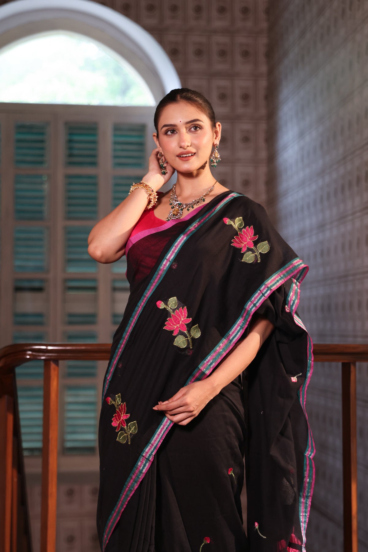 Black lotus embroidery mulmul cotton saree with blouse piece