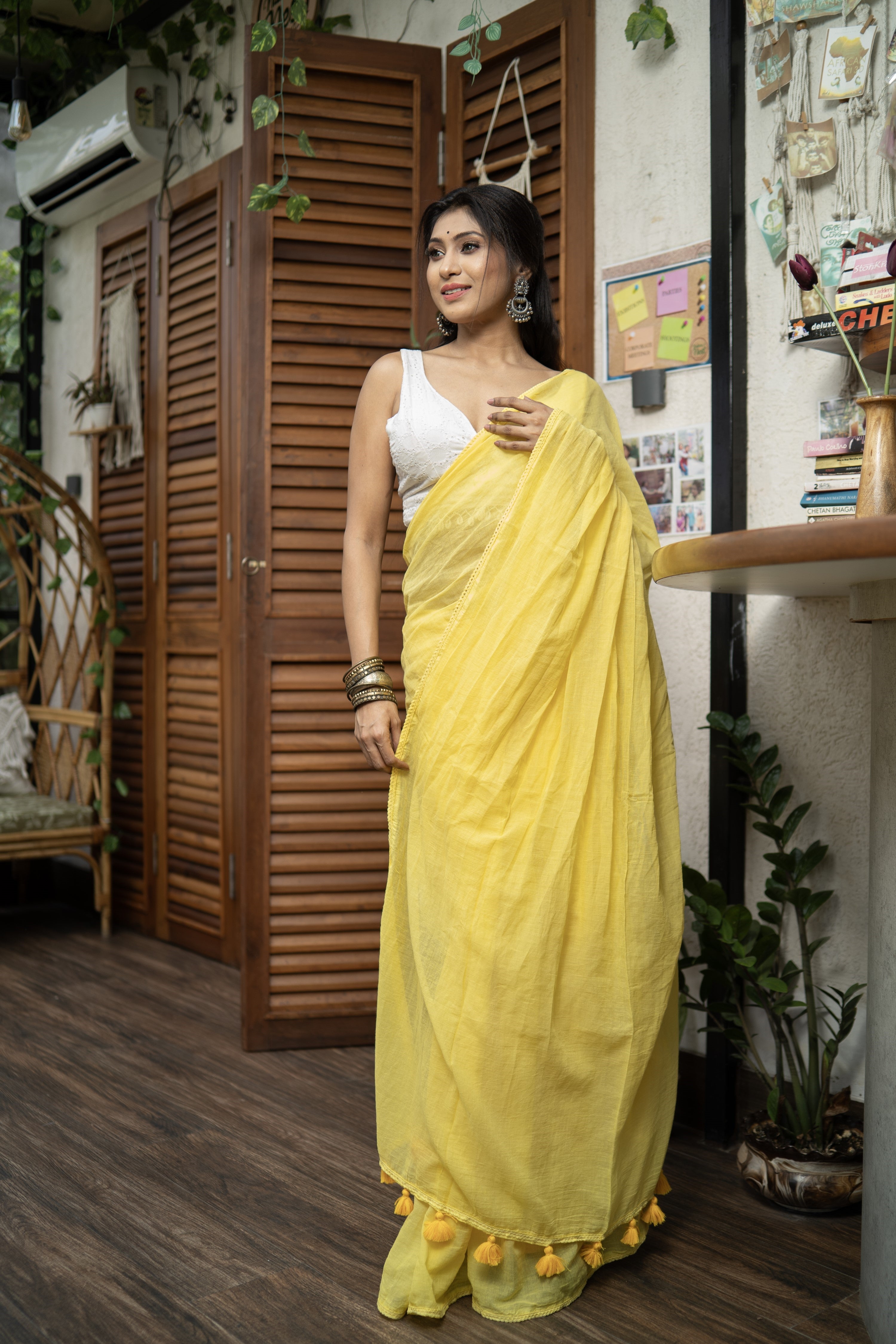 Yellow Mul Mul Cotton Saree with Embroidered Lace