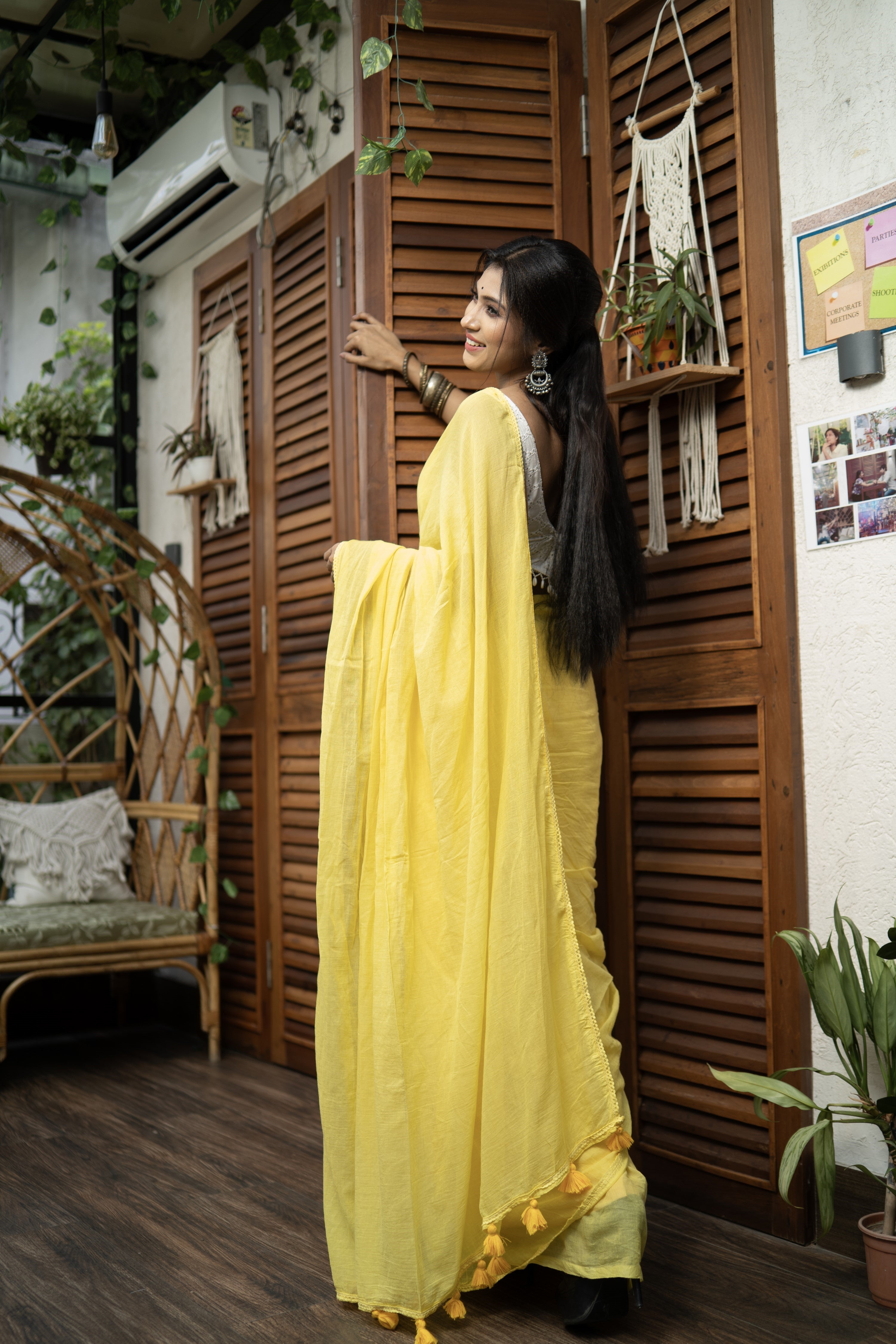Yellow Mul Mul Cotton Saree with Embroidered Lace