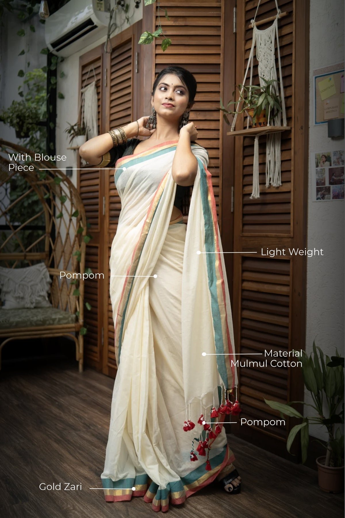 Cream Mul Mul Cotton Saree With  blouse pieces