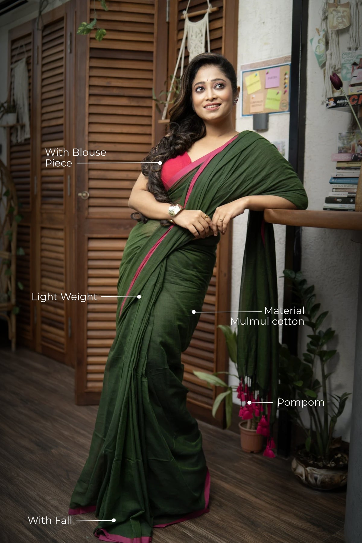 Dark green Pure Mulmul Cotton Saree with  blouse piece
