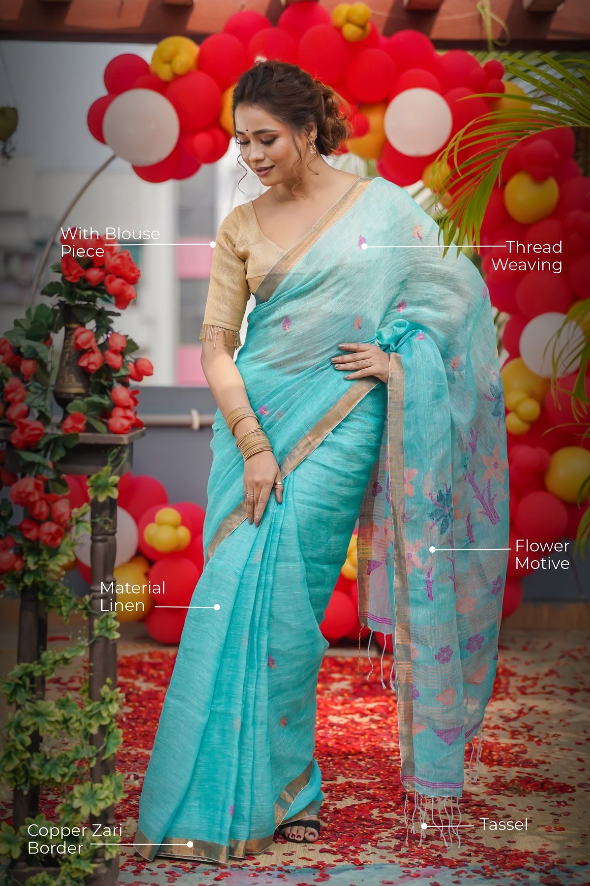 Light blue Pure Linen Handwoven Jamdani Saree with blouse piece
