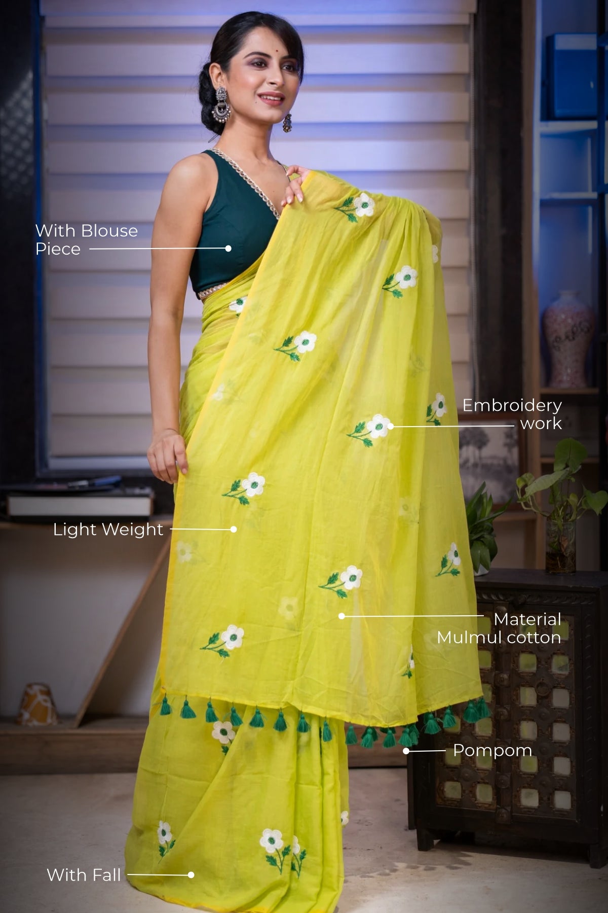 Lime green flowers embroidery mul cotton saree with  blouse piece