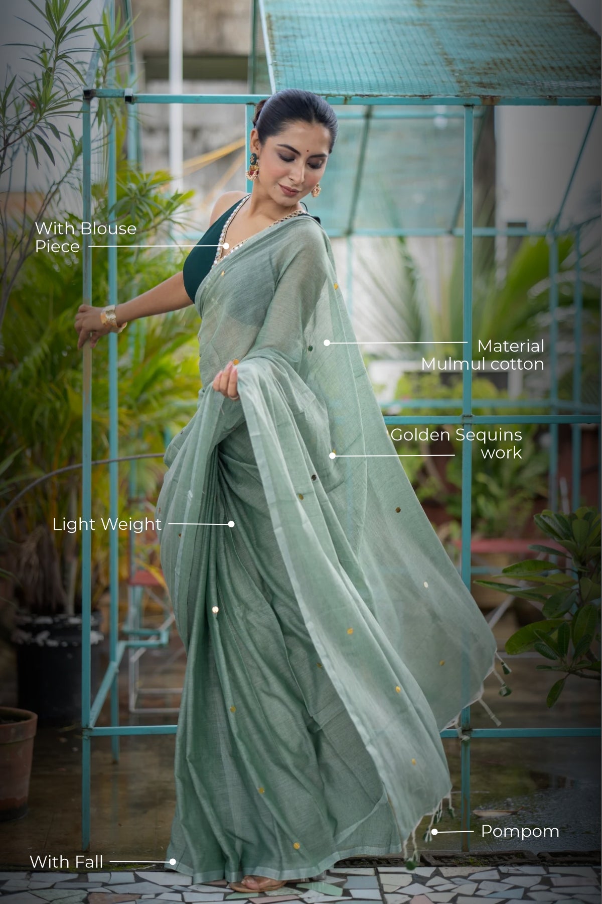 Light Greeng gini work Mul Mul Cotton Saree with blouse piece