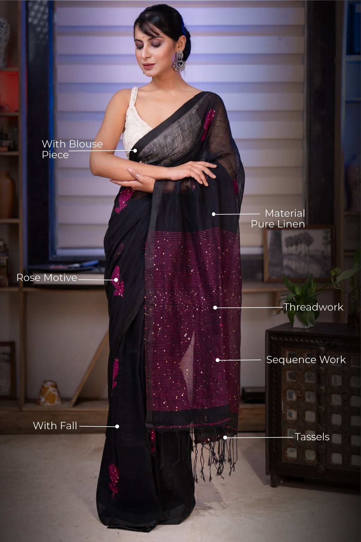 Black sequence work Rose motif Handwoven Linen Saree with blouse piece