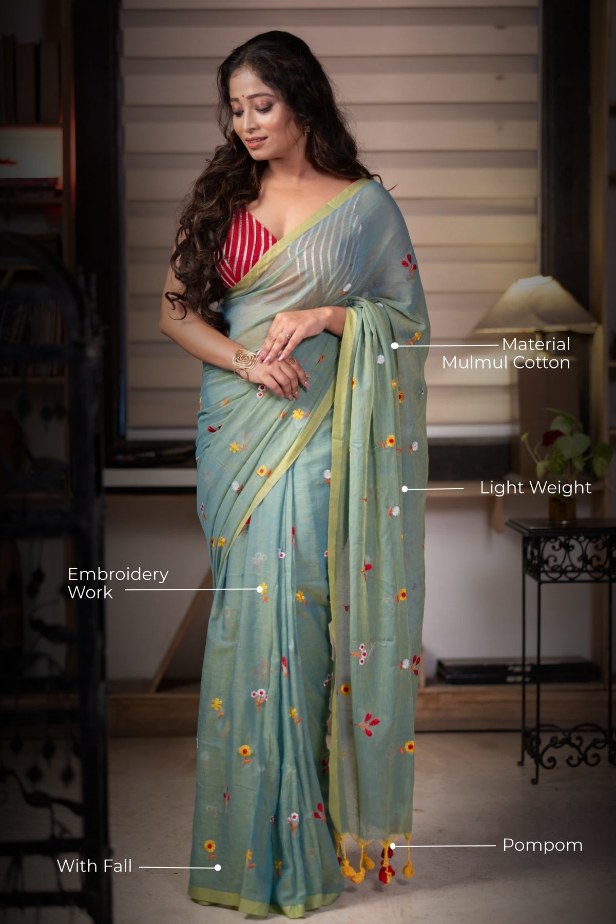 Frog green Embroidered Mul Mul Cotton Saree