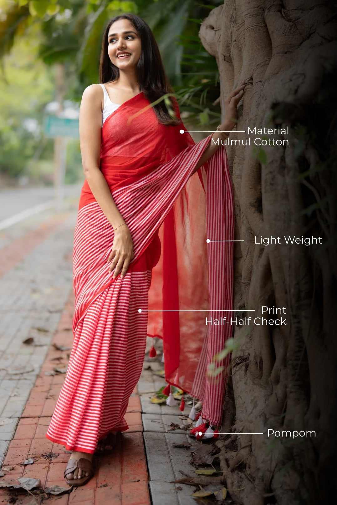 Red Half-Half Check Mul Cotton Saree
