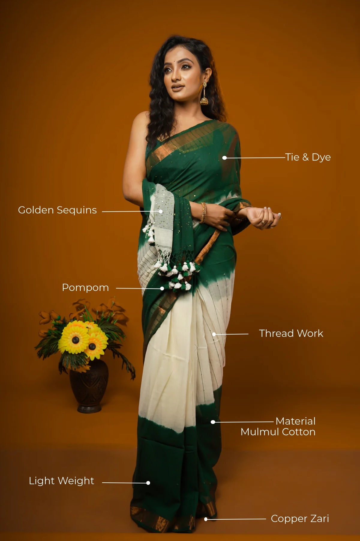Green & White Rang Bahari Sequence Work Pure Mul Cotton Saree