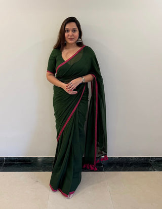 Dark green Pure Mulmul Cotton Saree with  green blouse piece