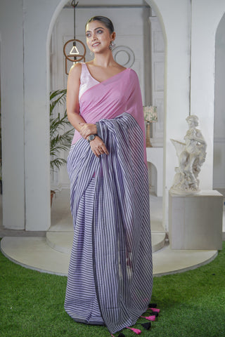 Baby Pink Half-half Check Mul Cotton saree with Blouse piece