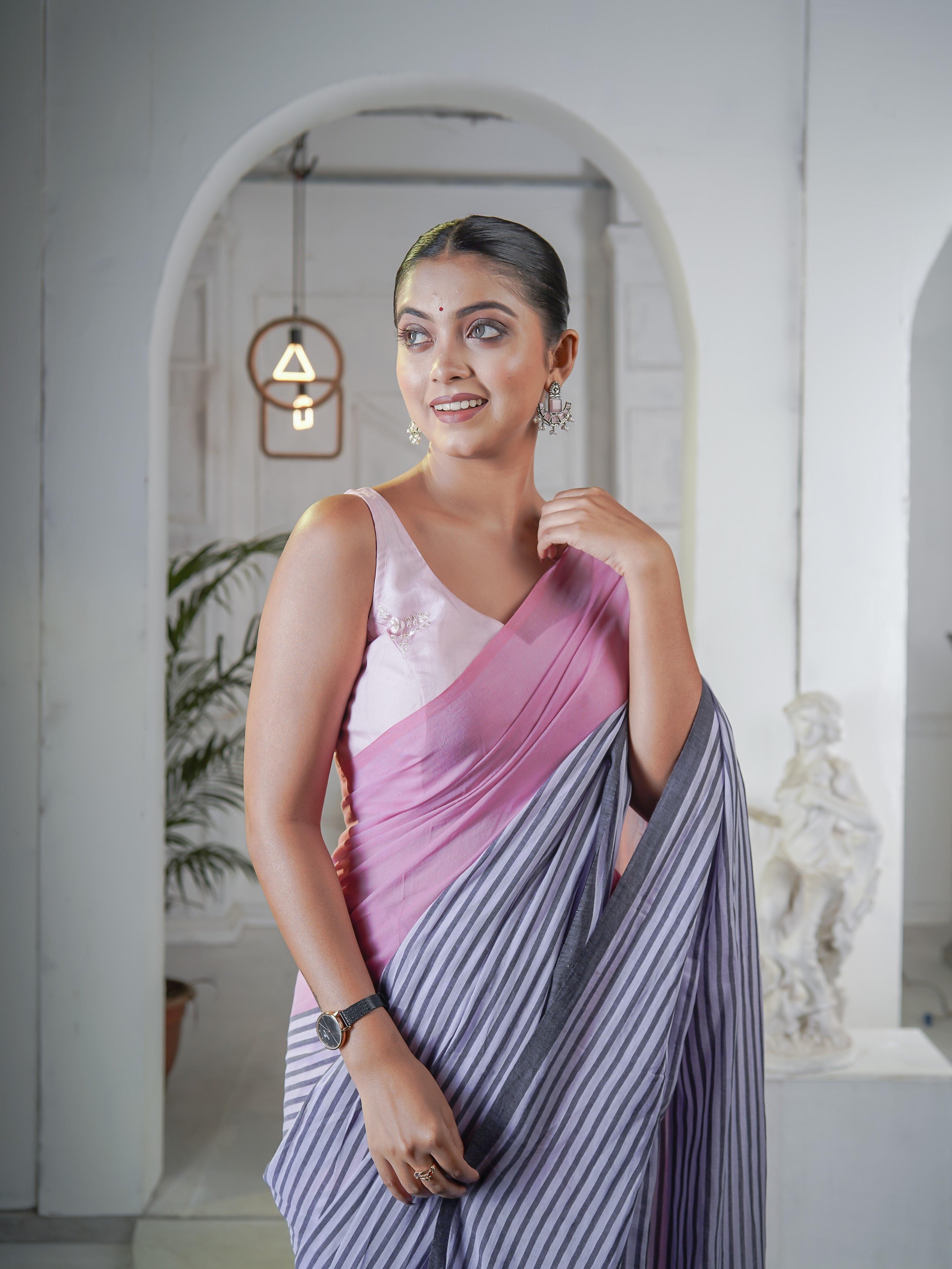 Baby Pink Half-half Check Mul Cotton saree with Blouse piece