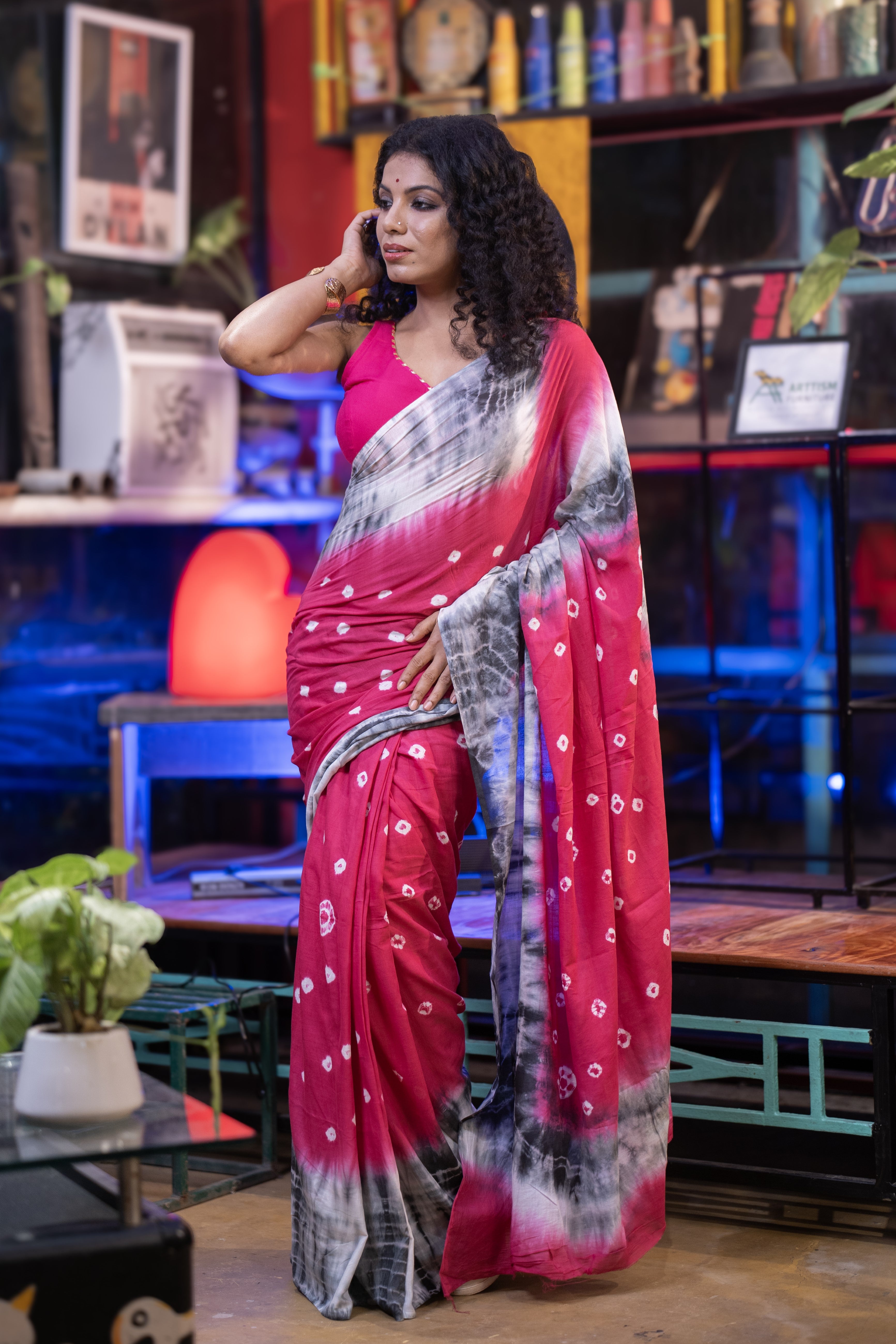 Rani Bandhani Mulmul Cotton Saree with blouse piece