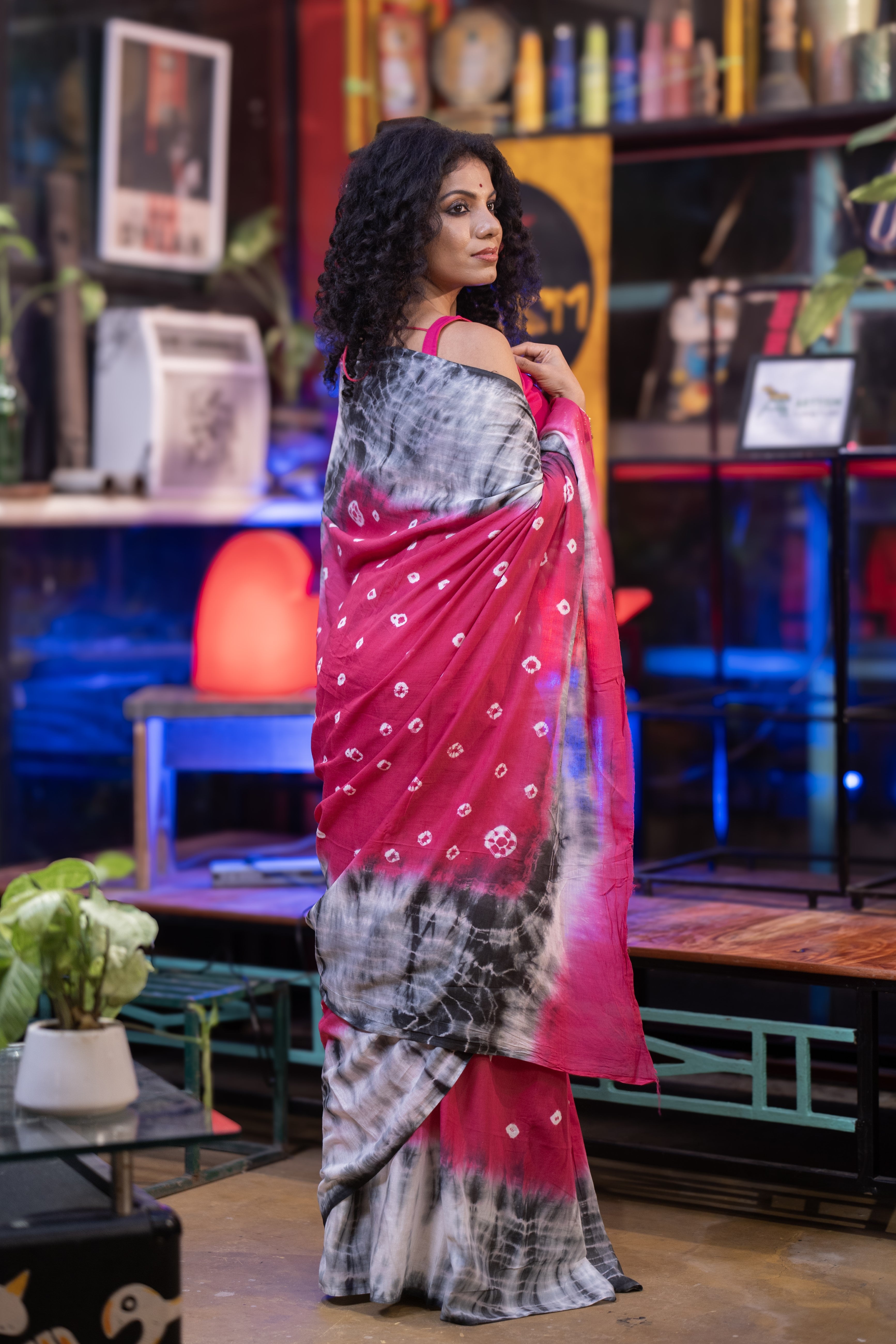 Rani Bandhani Mulmul Cotton Saree with blouse piece