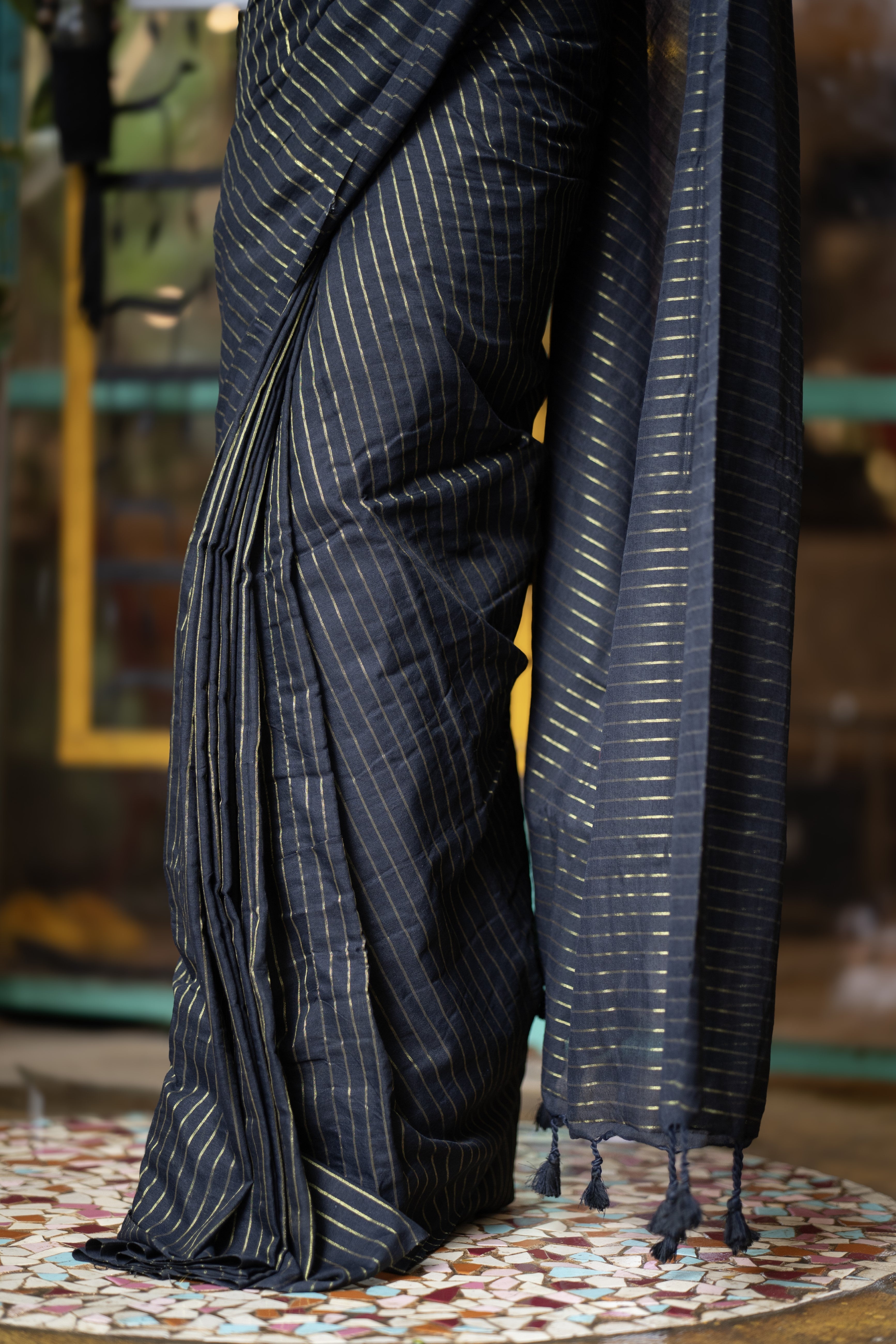Black Khadi Cotton Golden Striped Saree