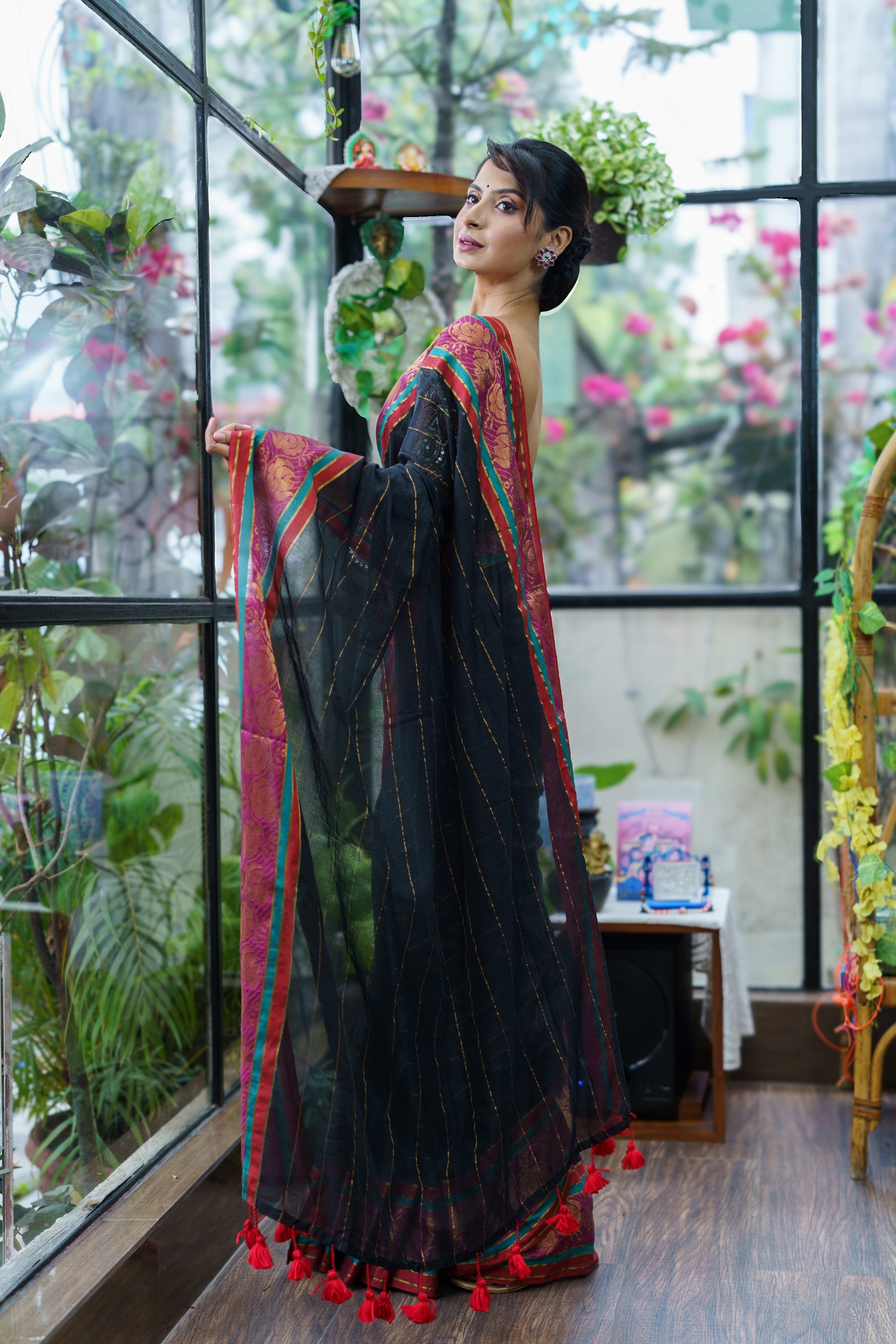 Black Mulmul Cotton Saree with Golden Zari Stripes