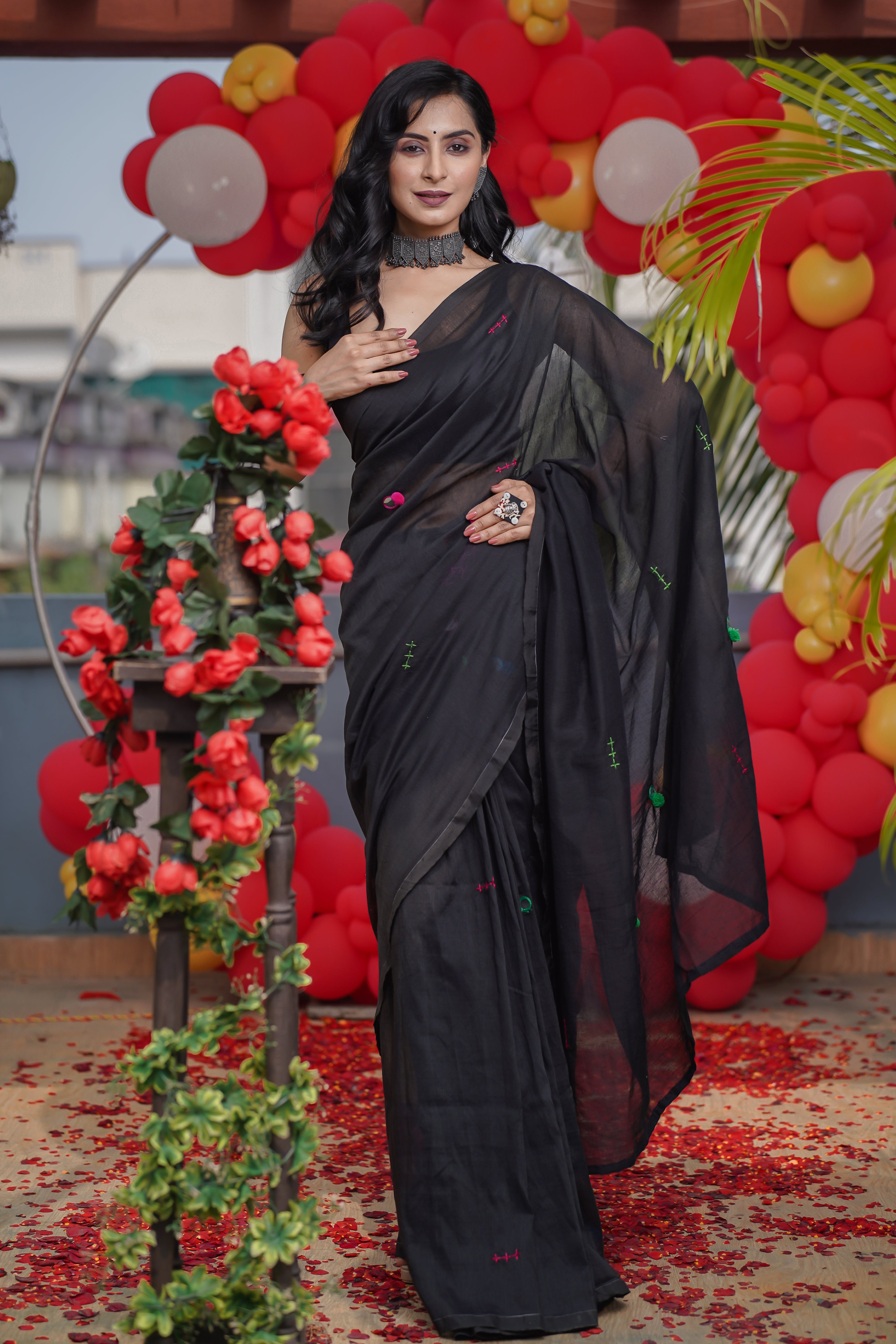 Black mul Cotton Mirror Work Weaving Pompom Saree-Black