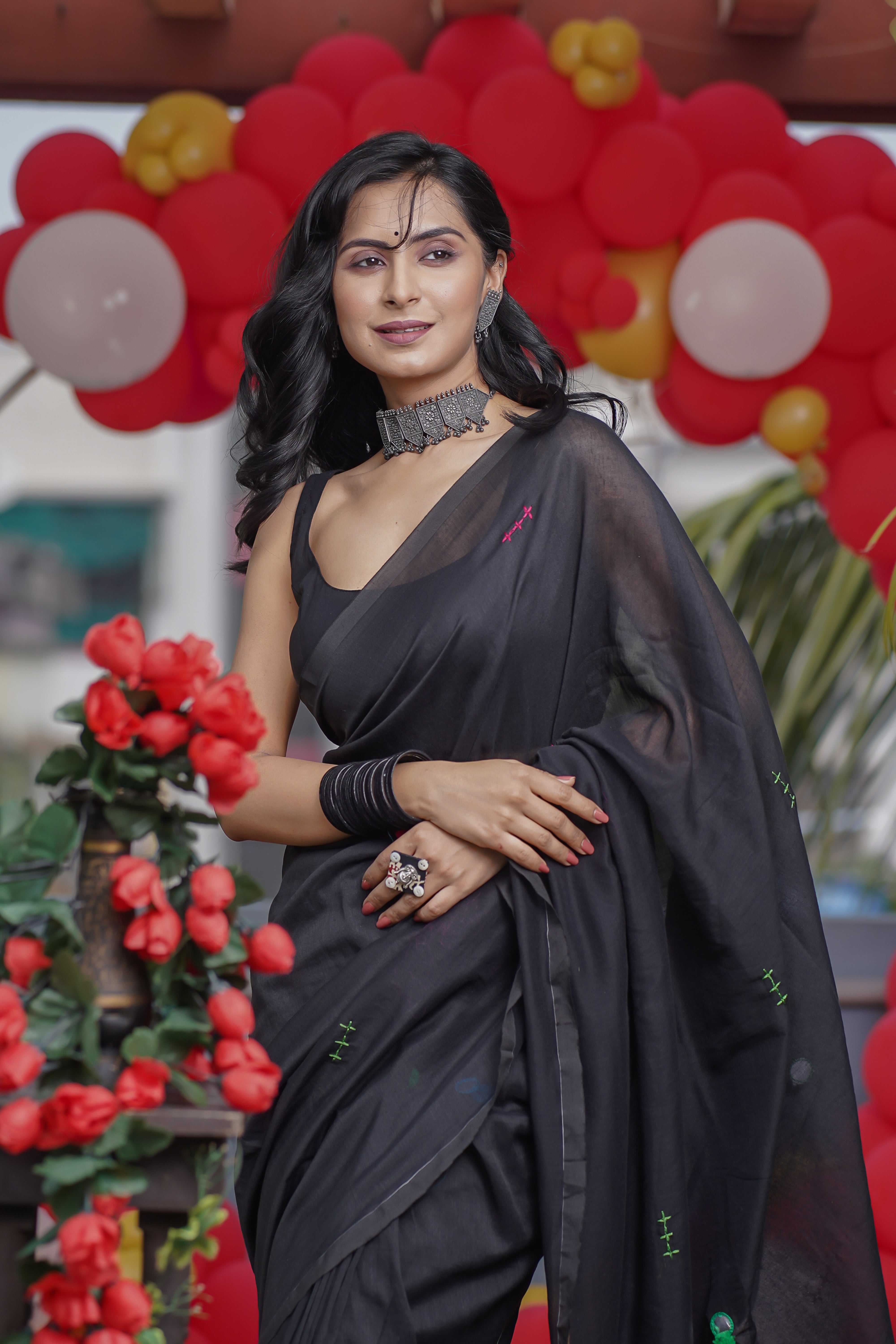 Black mul Cotton Mirror Work Weaving Pompom Saree-Black