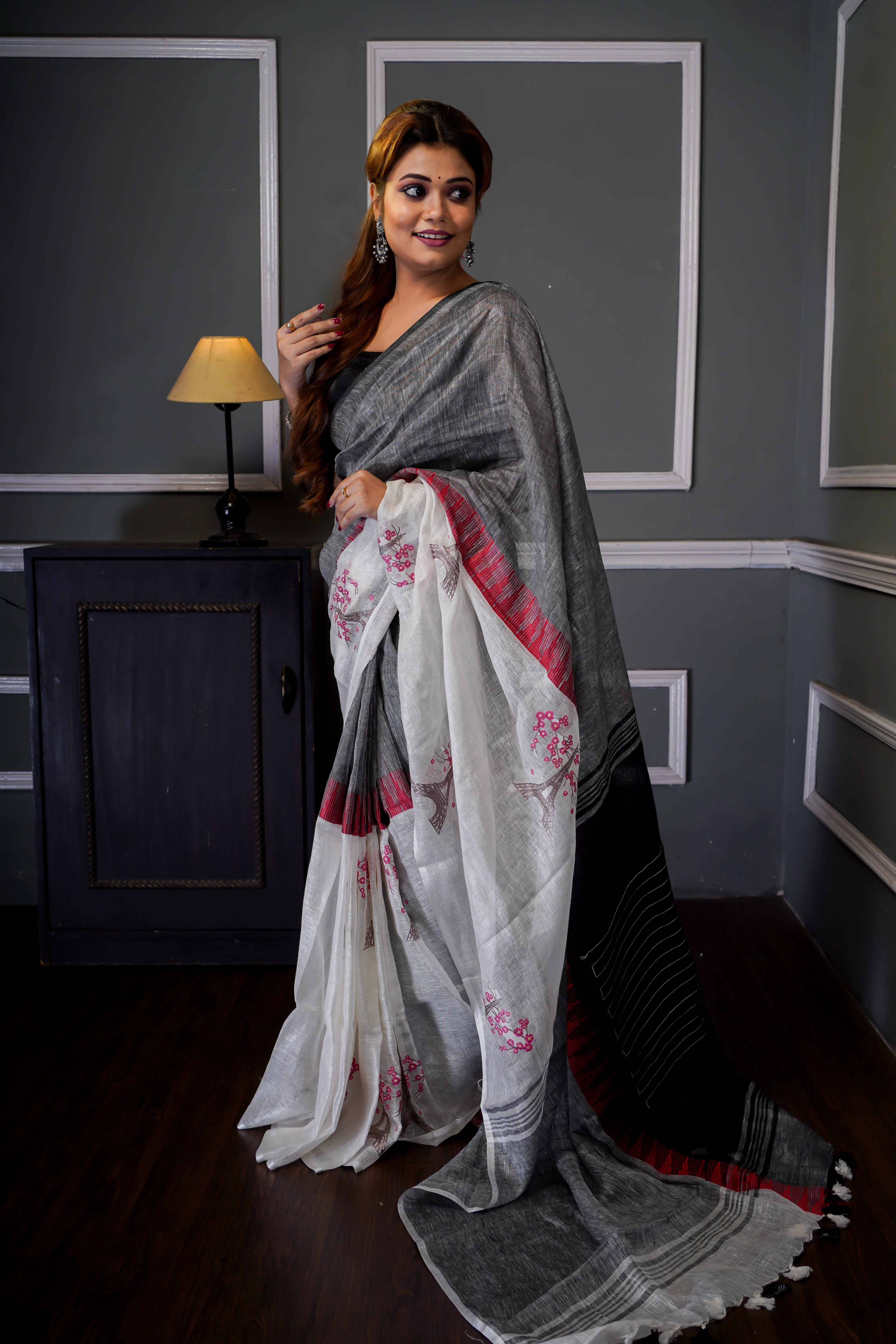 Black & White Pure Linen Floral Hand Embroidered Saree