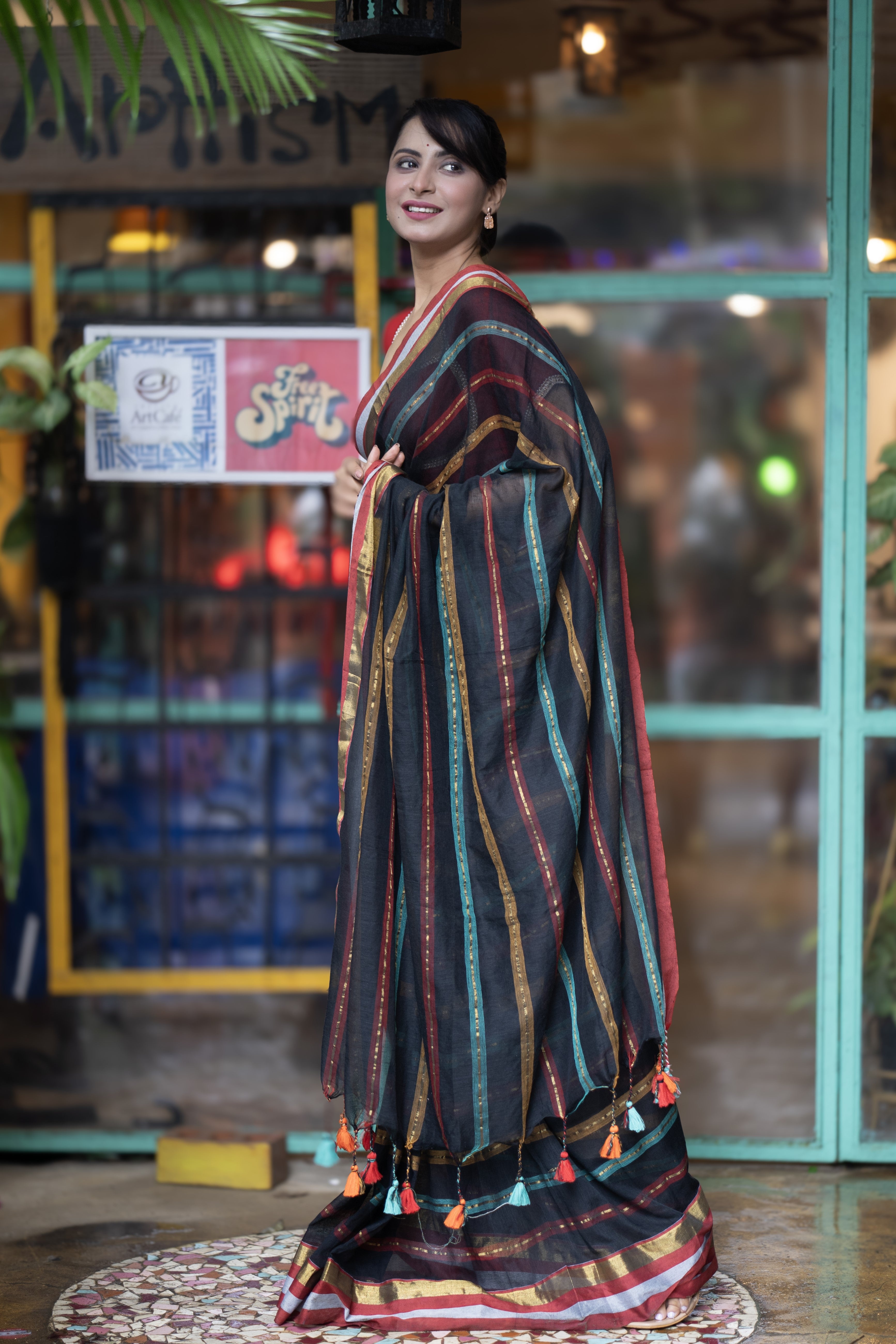 Black and Red Striped Mul Mul Cotton Saree