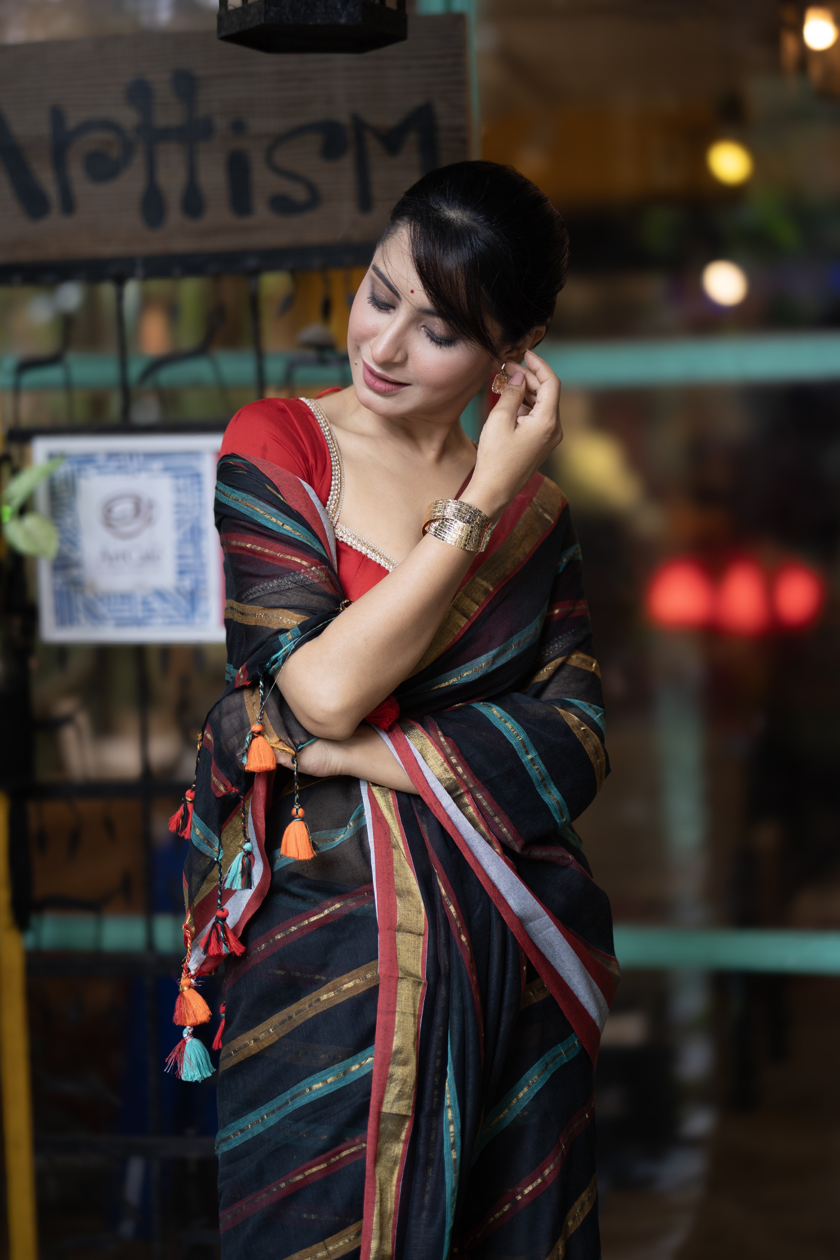 Black and Red Striped Mul Mul Cotton Saree