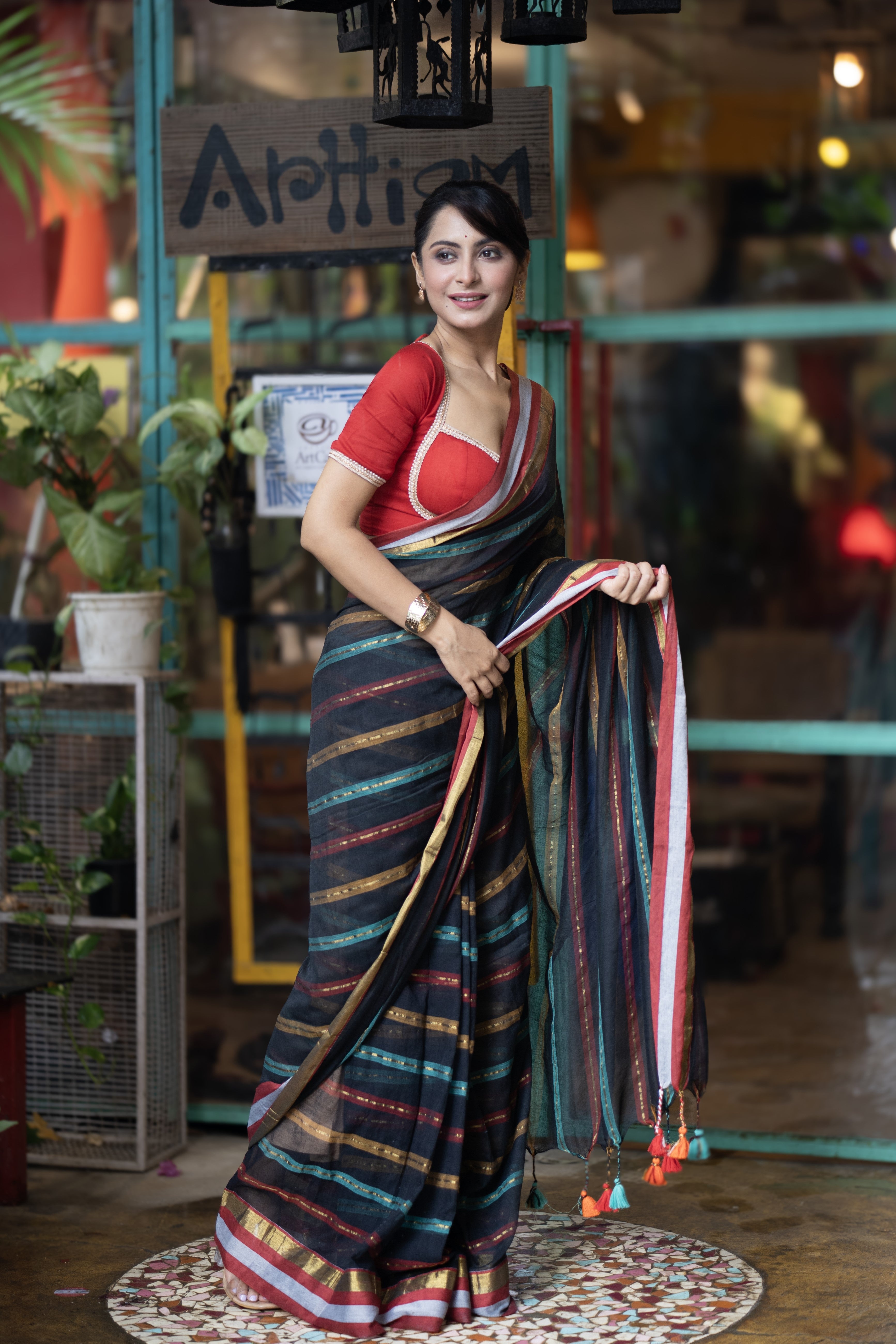 Black and Red Striped Mul Mul Cotton Saree