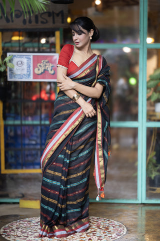 Black Stripes Mul Mul Cotton Saree