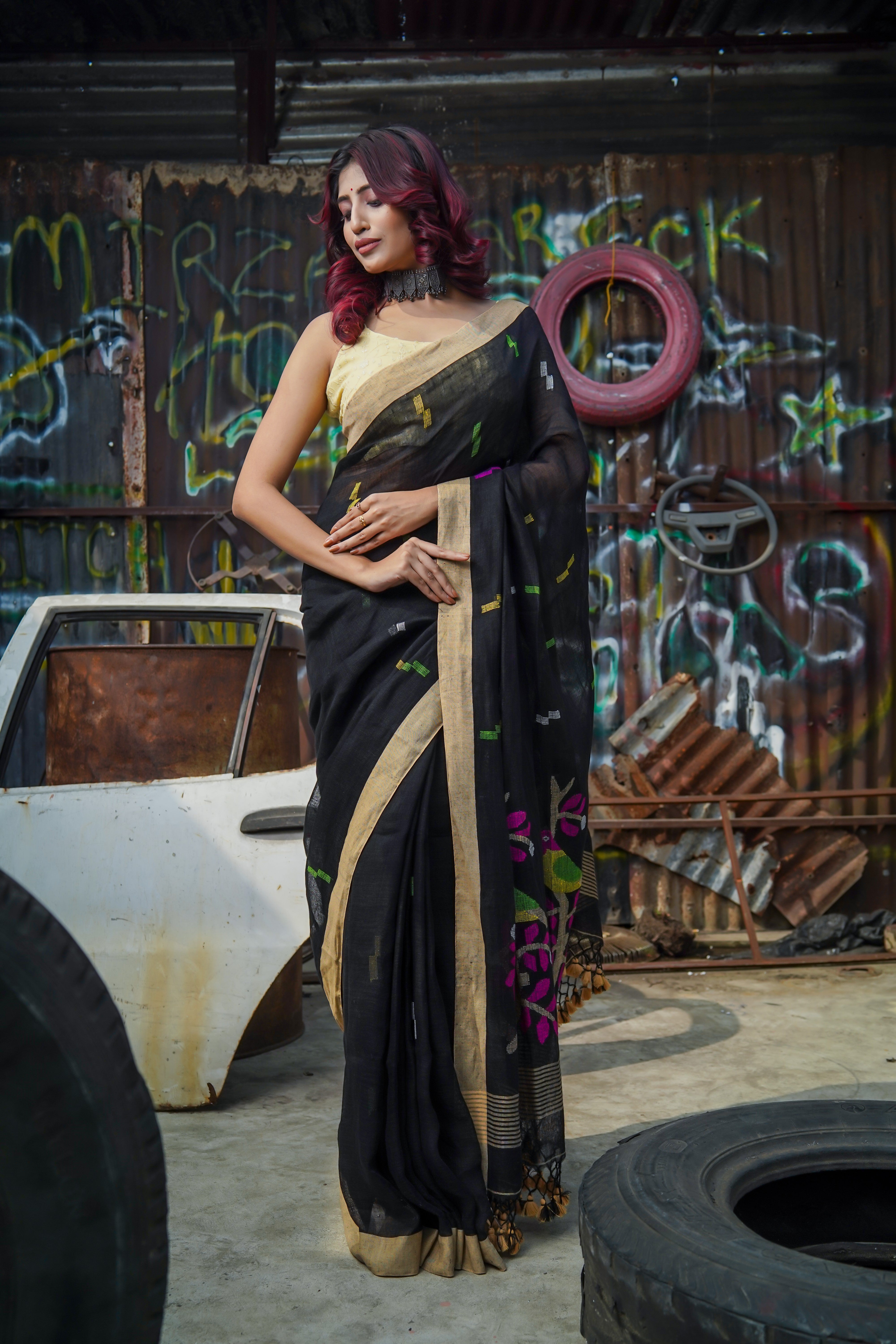 Birds Hand Weaving Linen Jamdani Saree-Black