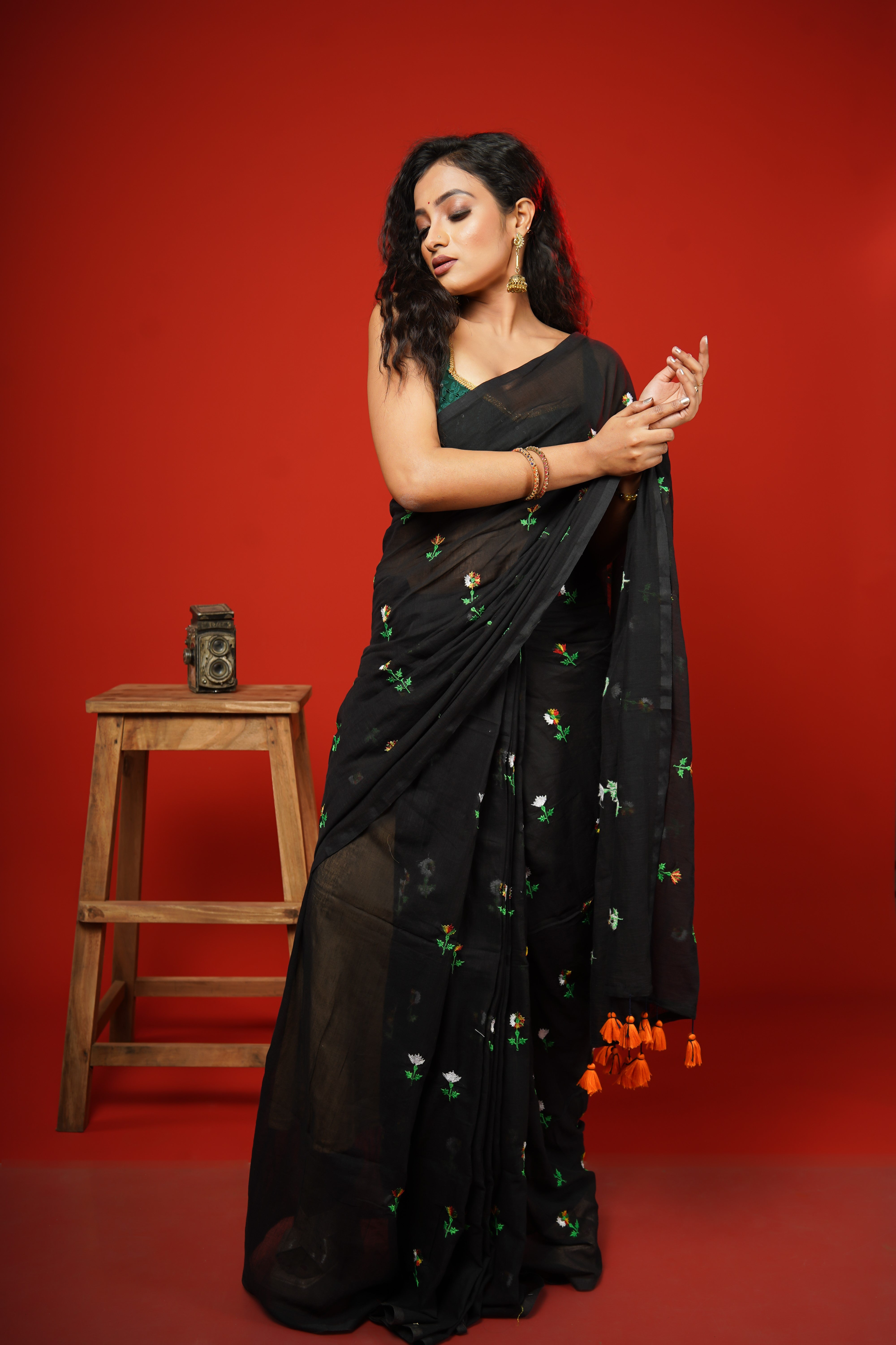 Black Embroidered Mul Mul Cotton Saree