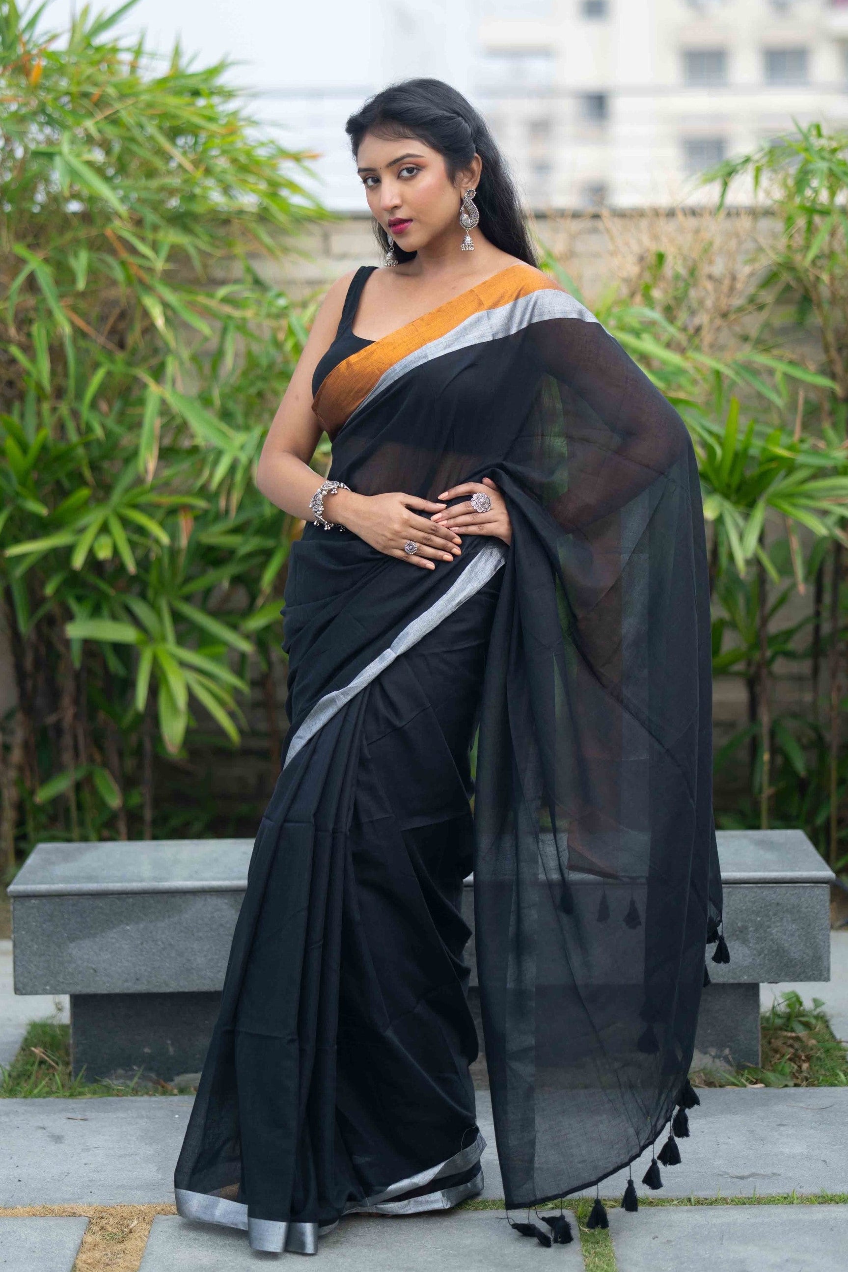 Black Mulmul Cotton Saree with Golden & Silver Zari Border