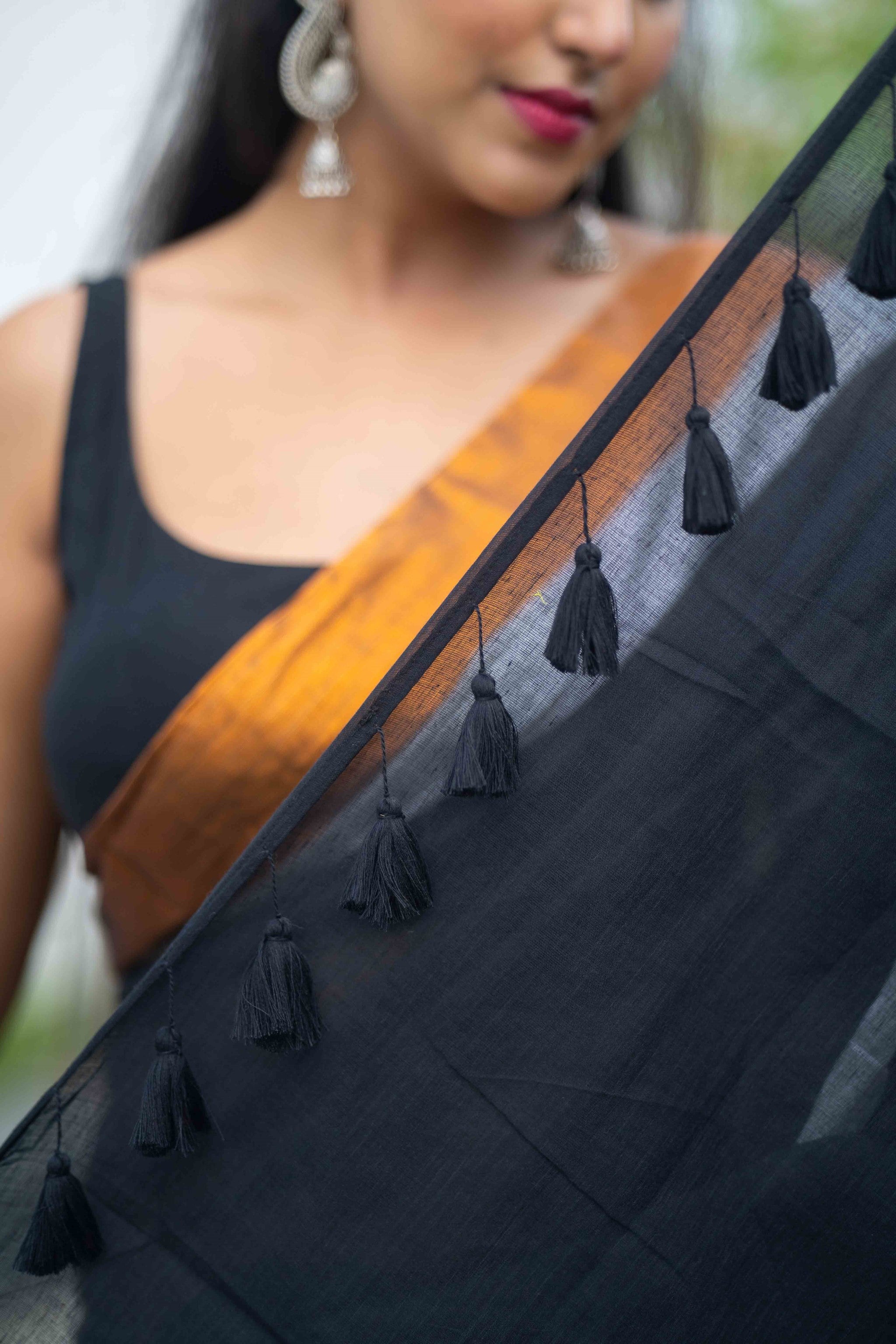Black Mulmul Cotton Saree with Golden & Silver Zari Border