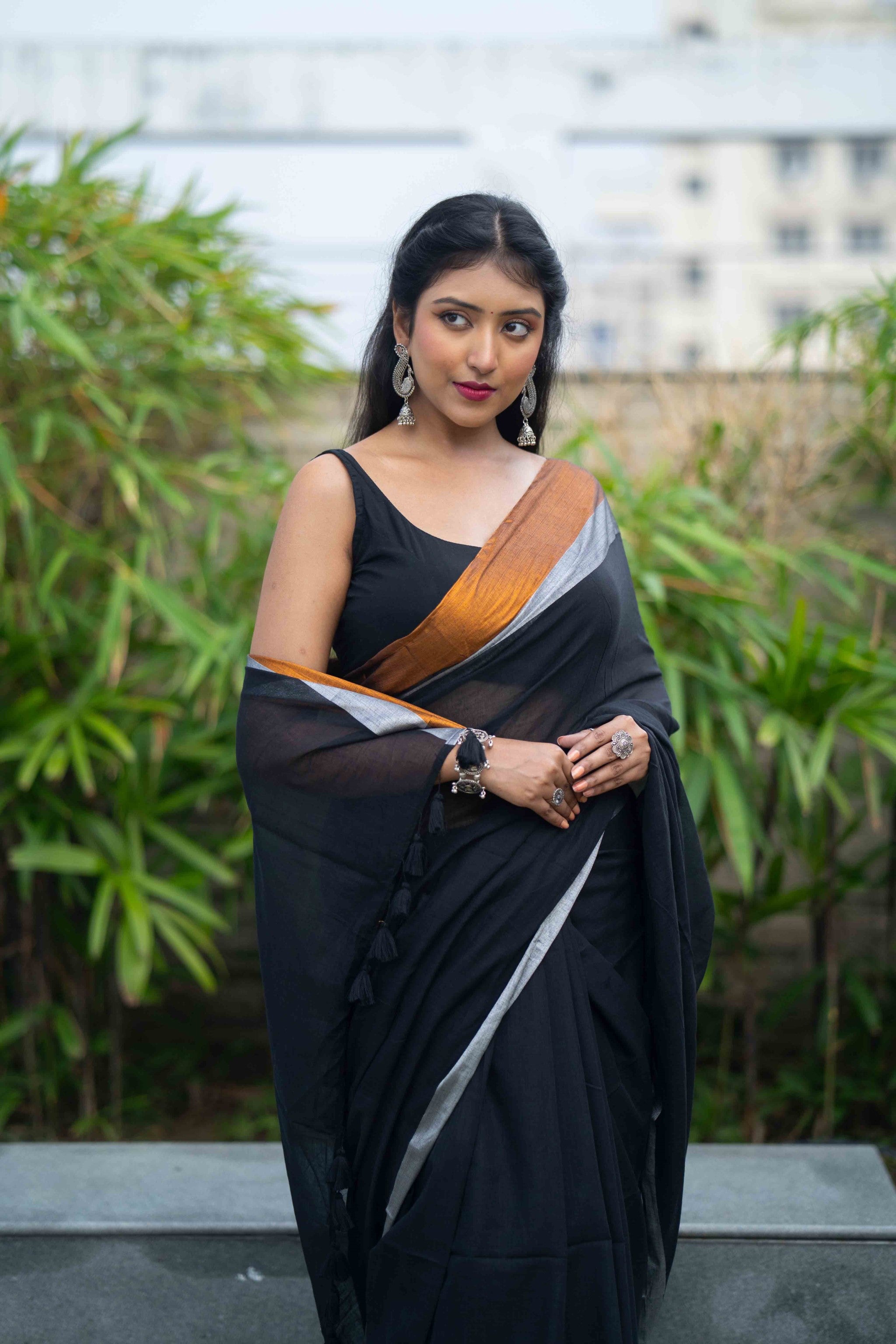 Black Mulmul Cotton Saree with Golden & Silver Zari Border