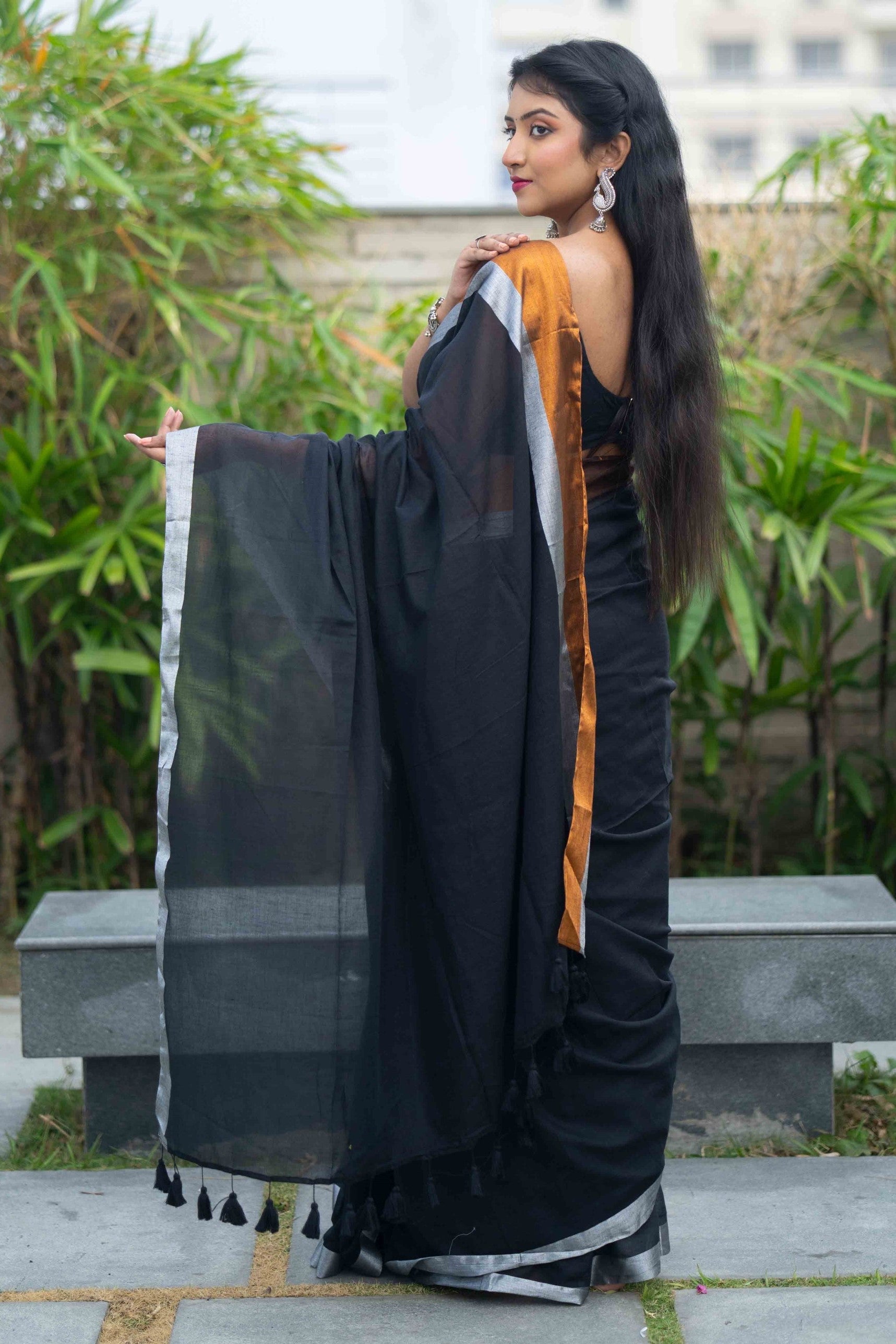 Black Mulmul Cotton Saree with Golden & Silver Zari Border