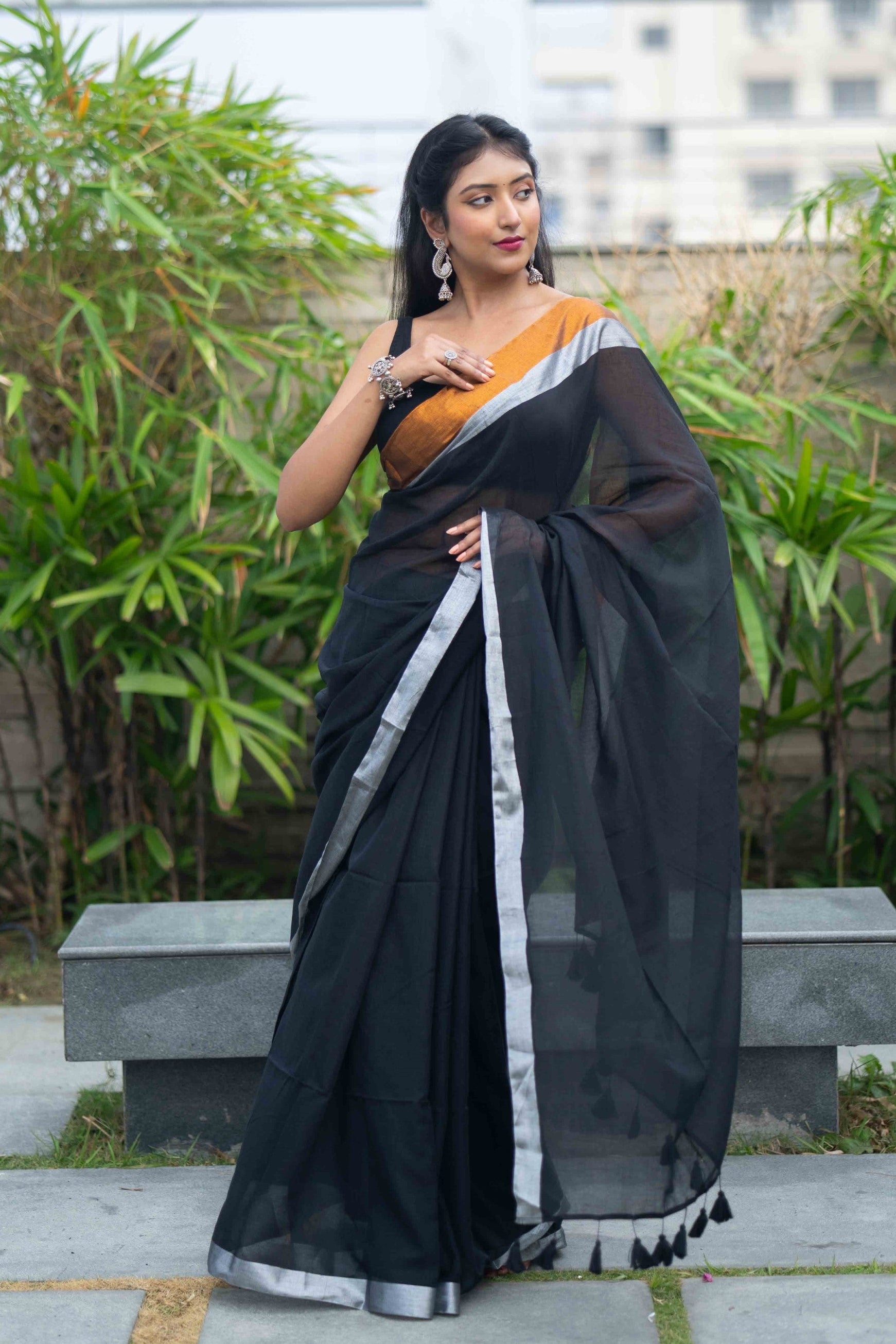 Black Mulmul Cotton Saree with Golden & Silver Zari Border