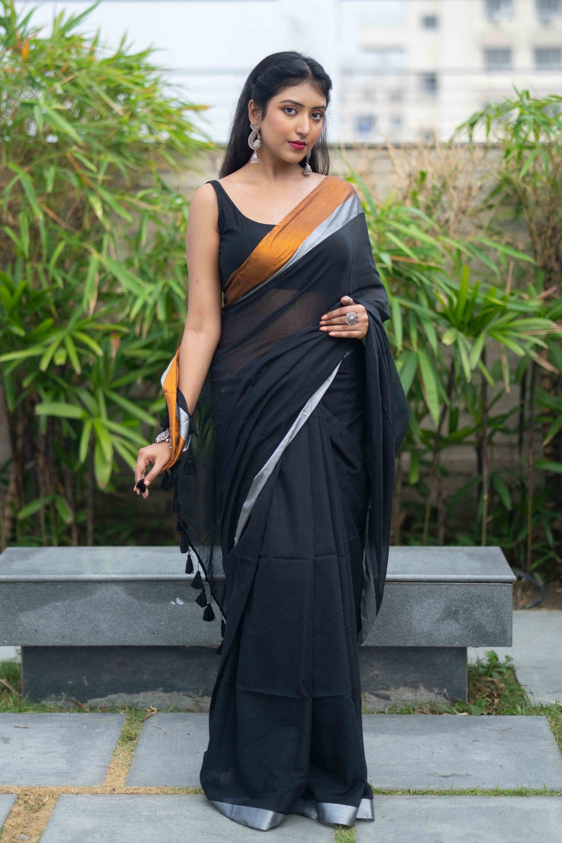 Black Mulmul Cotton Saree with Golden & Silver Zari Border
