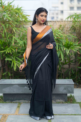 Black Mulmul Cotton Saree with Golden & Silver Zari Border