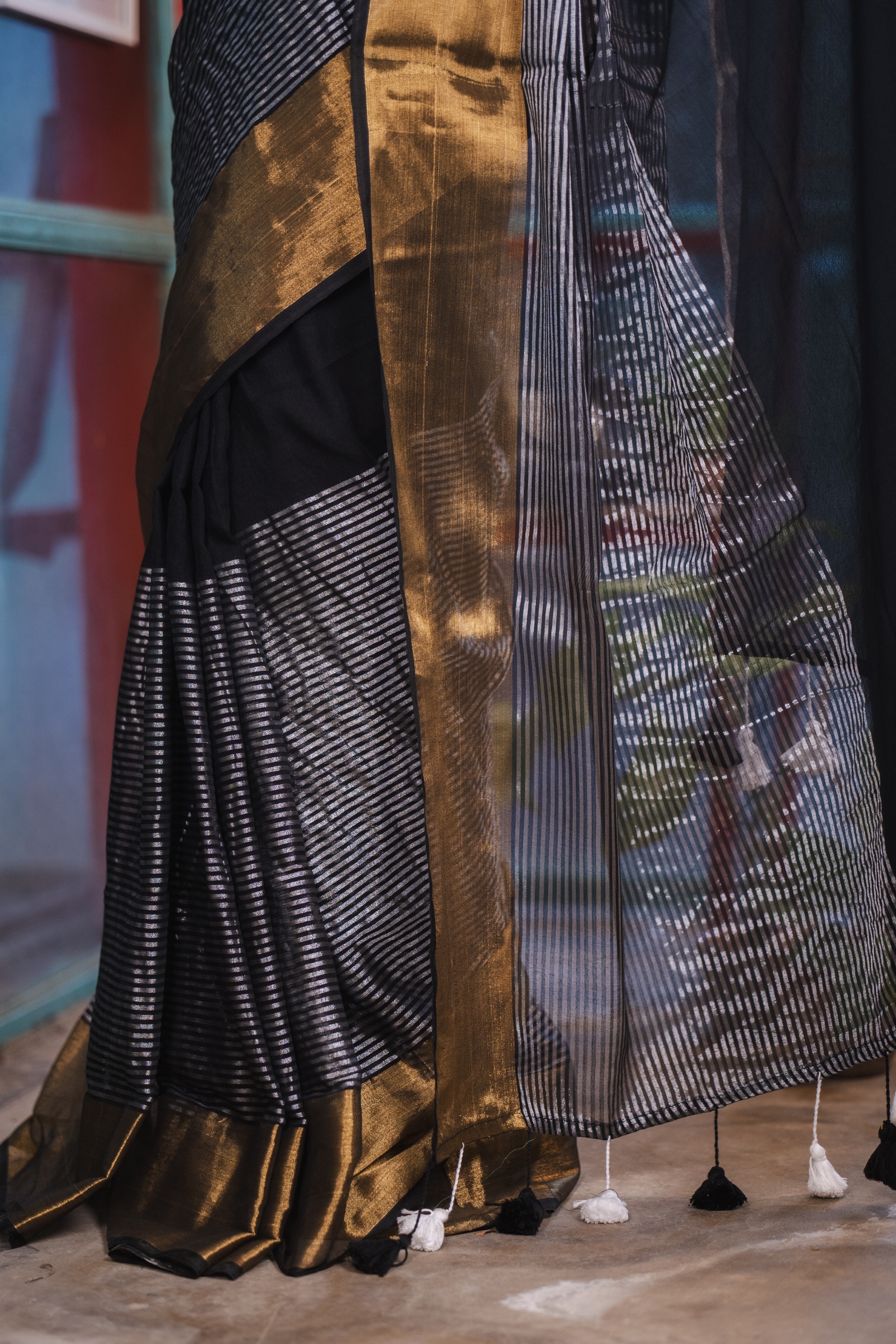 Black Half and Half Mulmul Cotton Saree