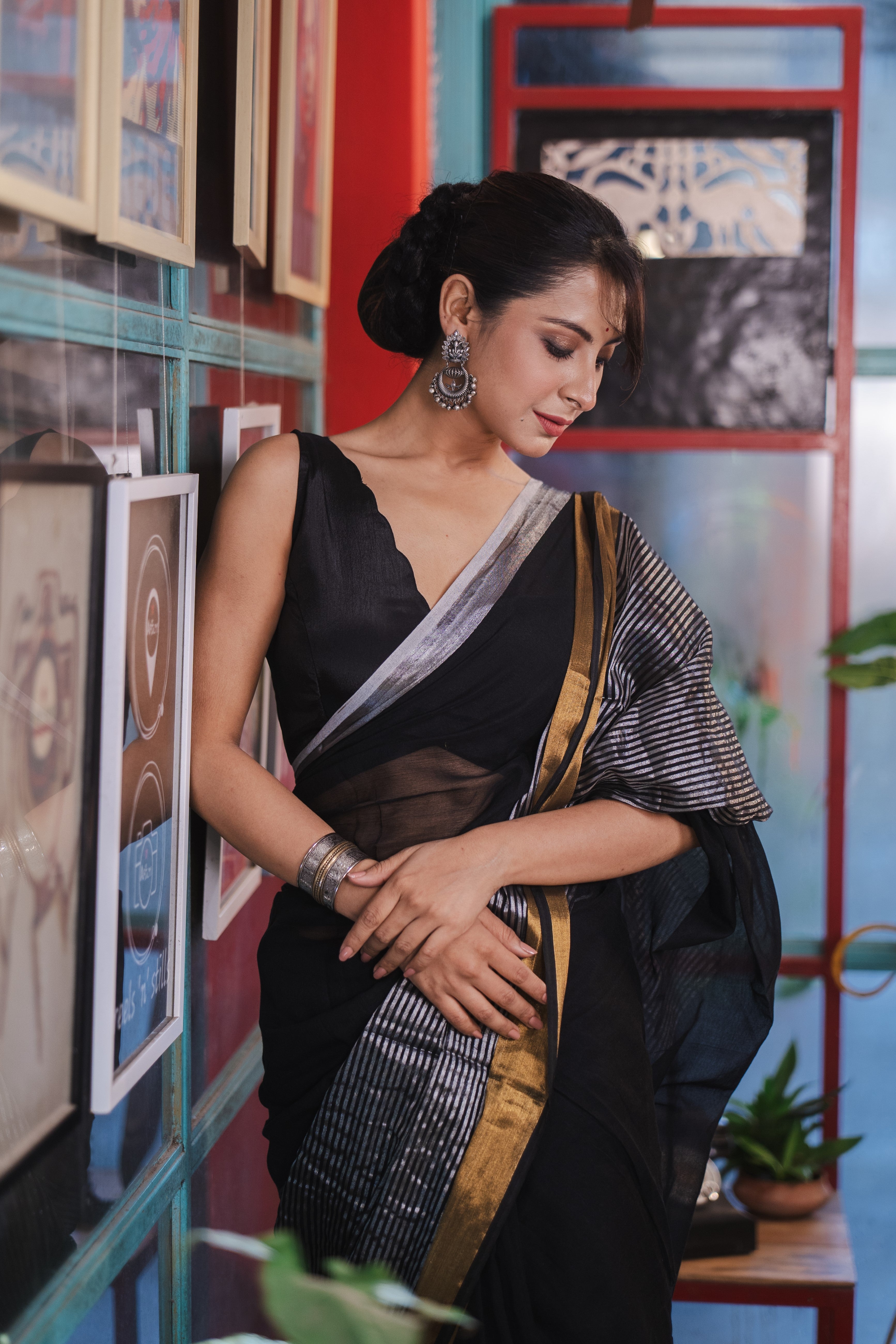 Black Half and Half Mulmul Cotton Saree