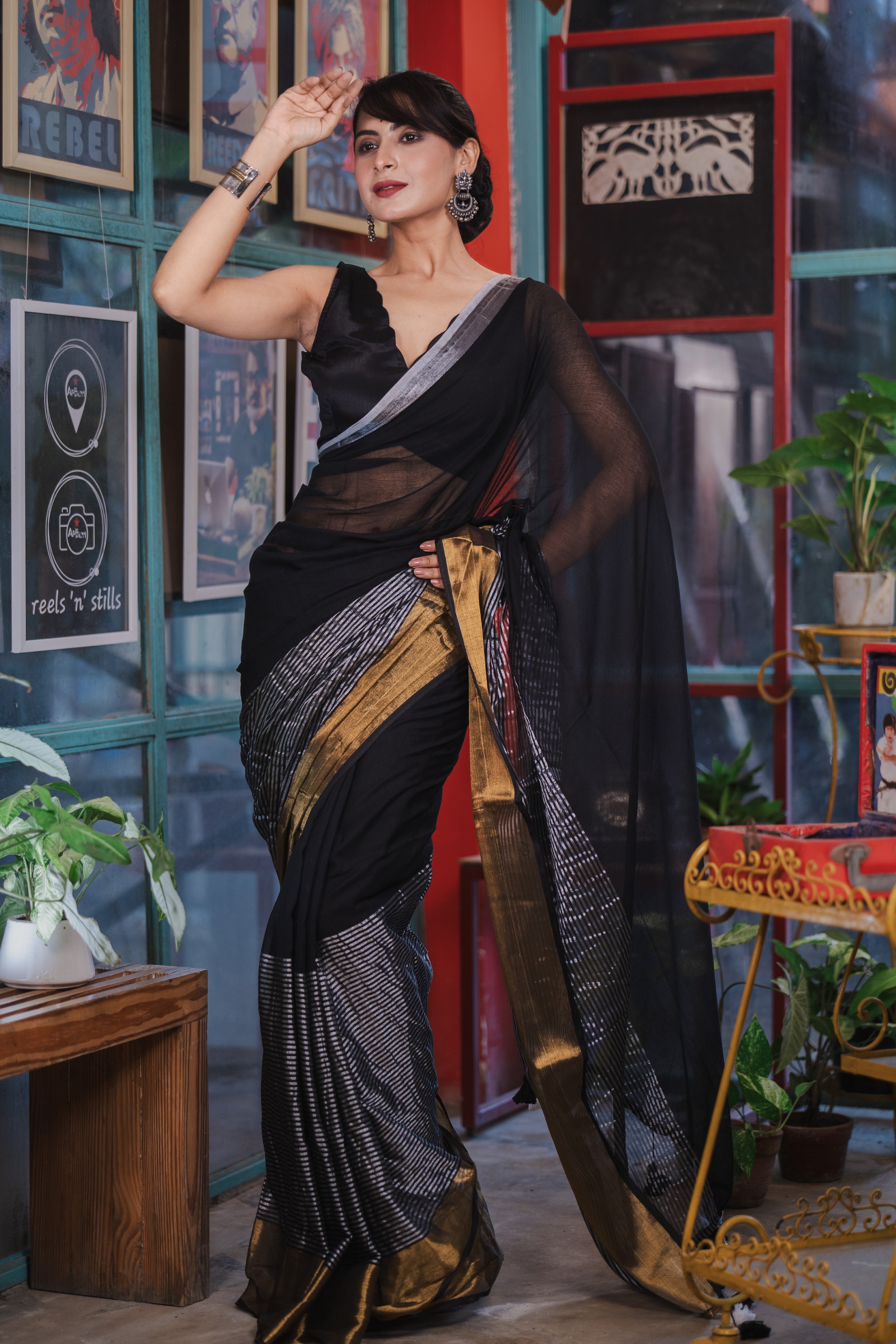 Black Half and Half Mulmul Cotton Saree