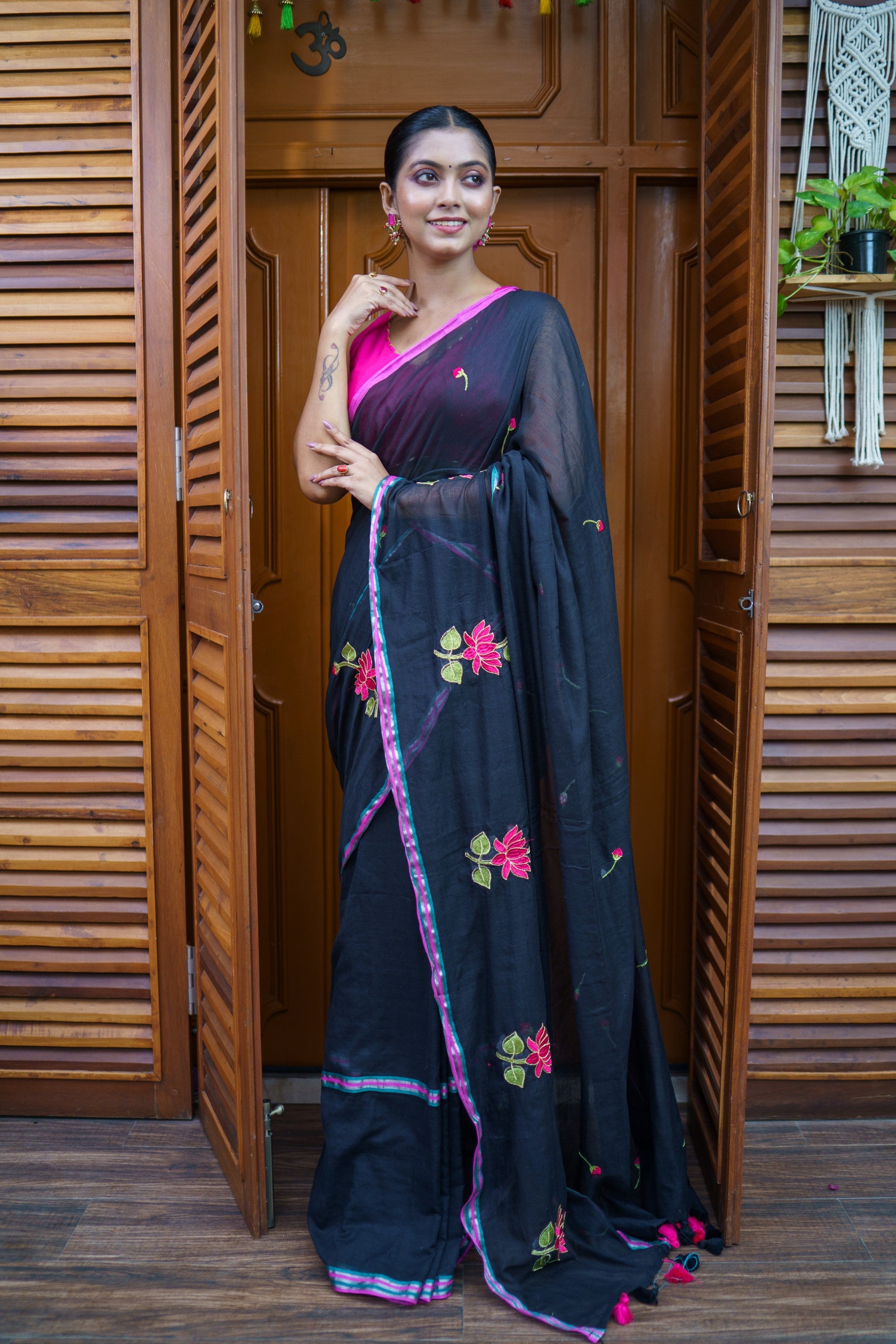 Black lotus embroidery mulmul cotton saree with blouse piece