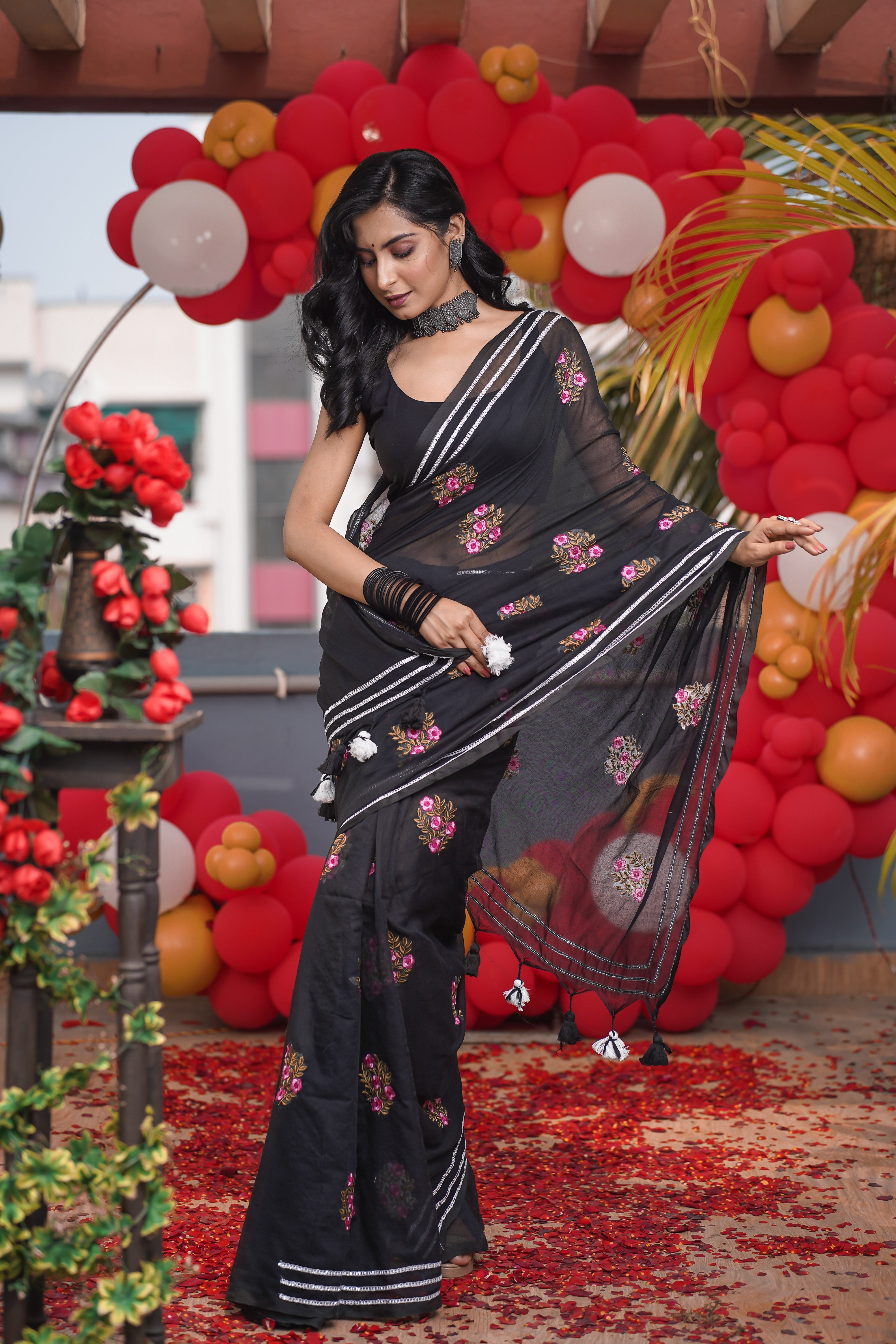 Lavanya Black Mul Mul Cotton Saree With Embroidery