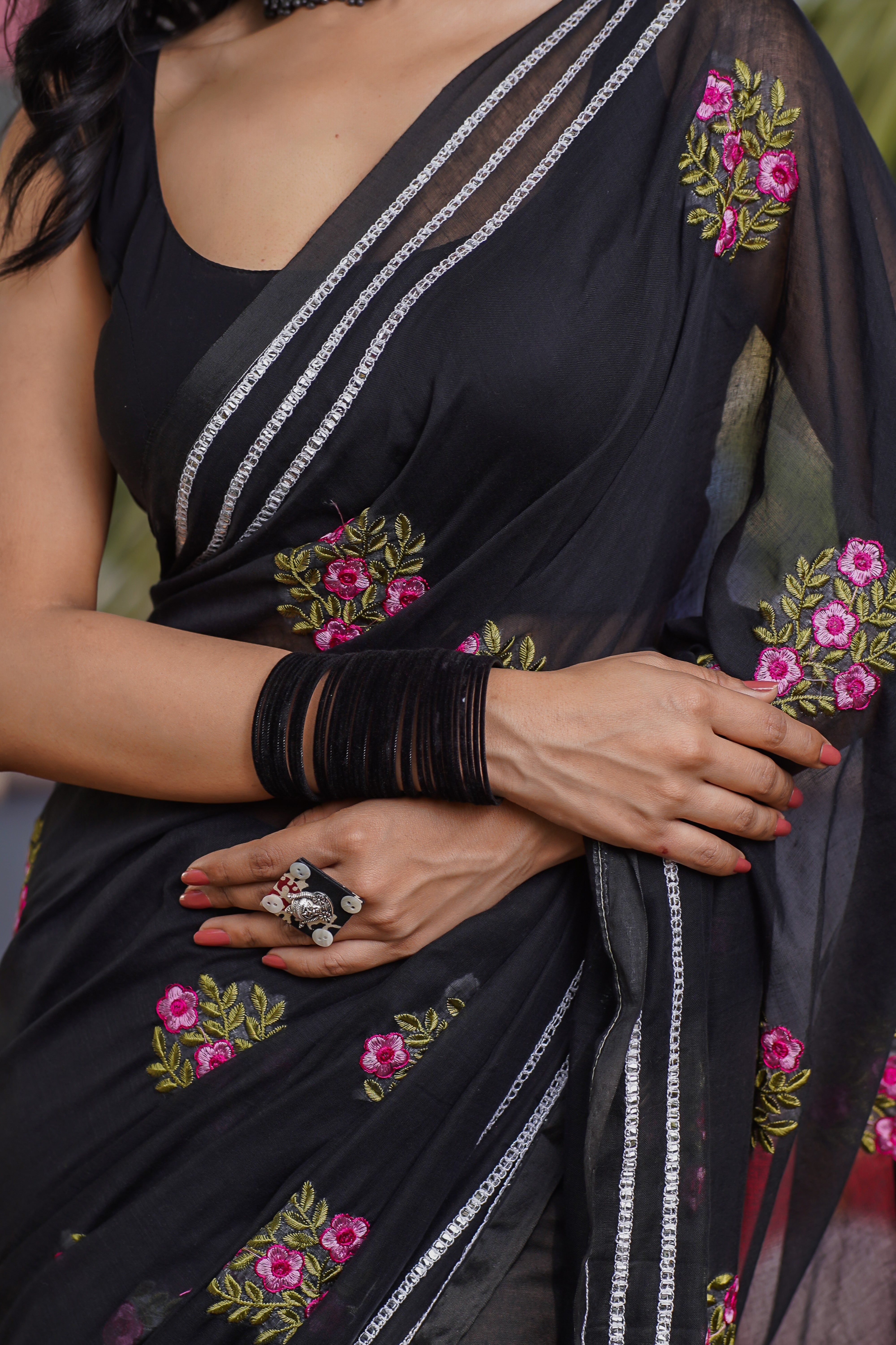 Lavanya Black Mul Mul Cotton Saree With Embroidery